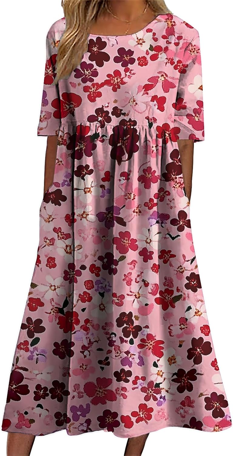 domirica Dress for Maternity Women Vintage Boho Stylish Floral Graphic Short Sleeve Summer Beach Maxi Dress with Pockets