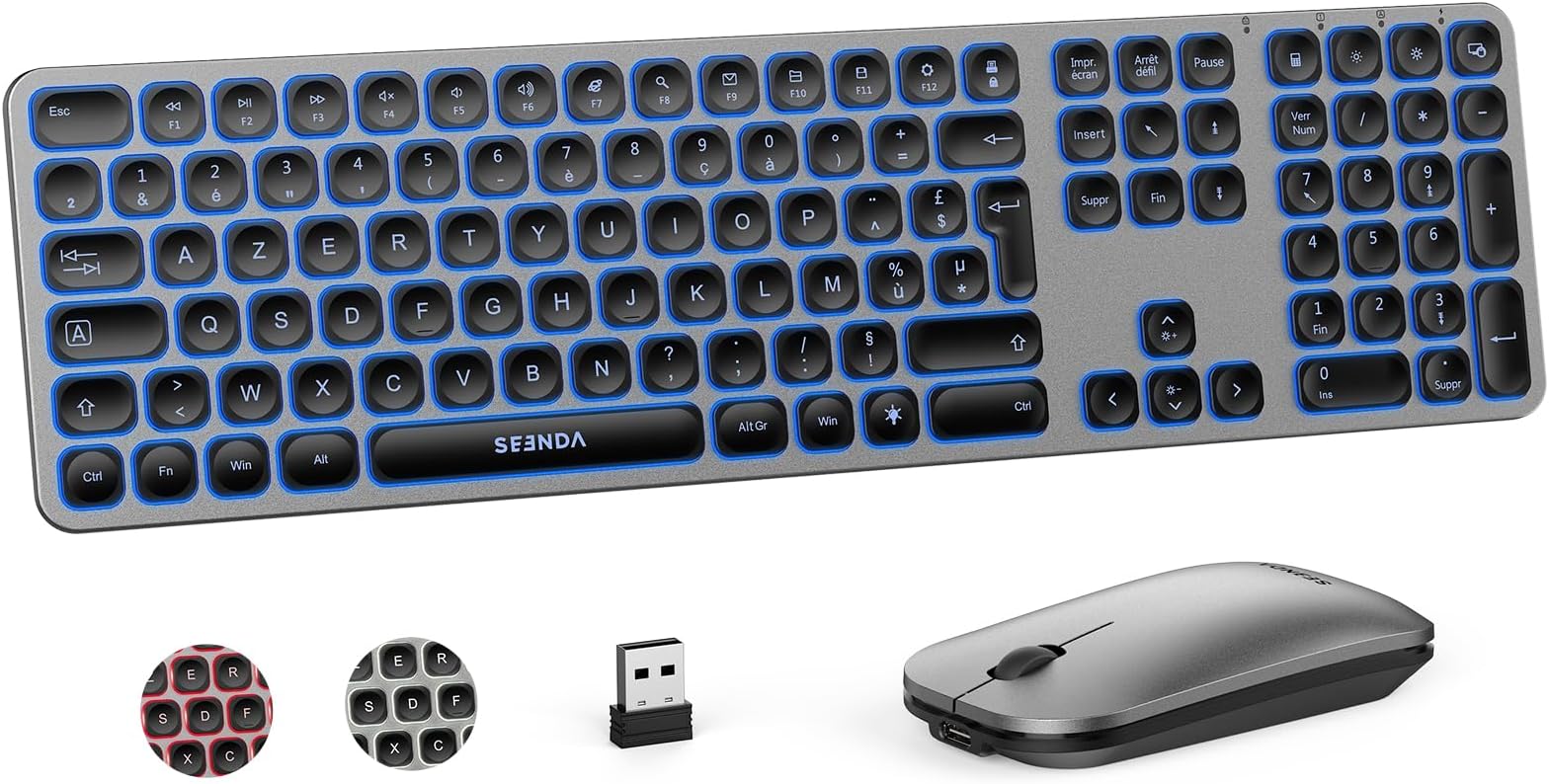 Enseble clavier et souris sans fil – Rétroéclairé RVB, lettres Enseble clavier et souris sans fil – Rétroéclairé RVB, lettres