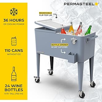 Permasteel 80-Qt Classic Outdoor Patio Cooler for Outside Beverage Rolling Cooler Bar Cart with Wheels & Handles, Retro Design, Blue
