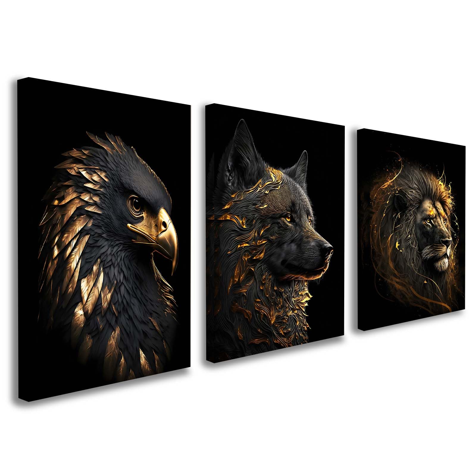 Set of 3 Framed Canvas Wall Art 12x16 Inch Wolf Lion Eagle Black and Gold Animal Artwork Modern Wall Canvas Pictures for Living Room Bedroom Gaming Room Office Decoration with Hooks and Magic Tape
