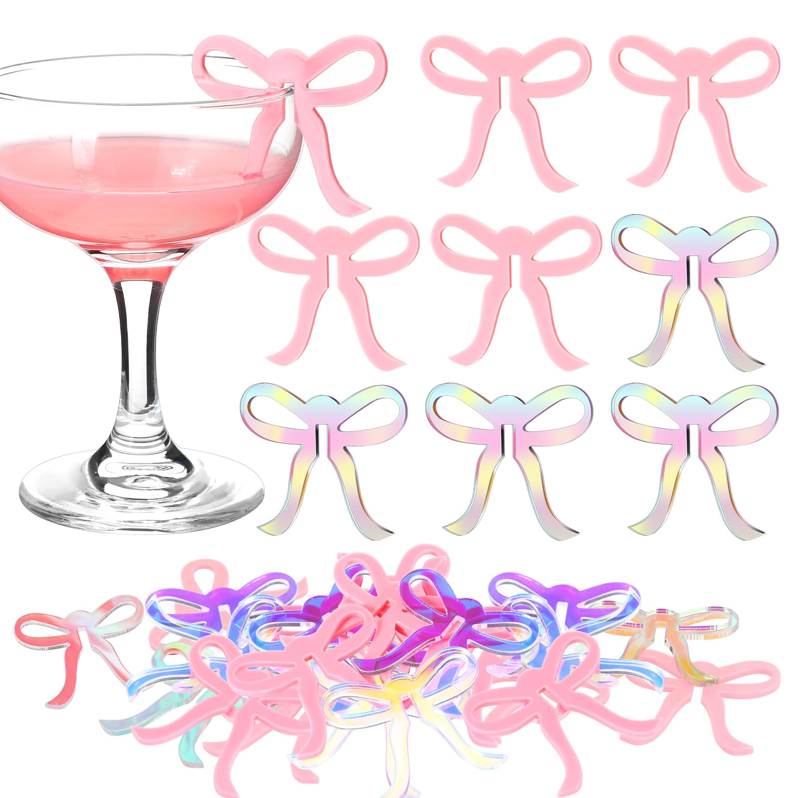 CroBlissful 36 Pcs Bow Drink Markers Valentine's Day Decoration Acrylic Drink Tags Bowknot Wine Glass Charms for Bachelorette Coquette Birthday