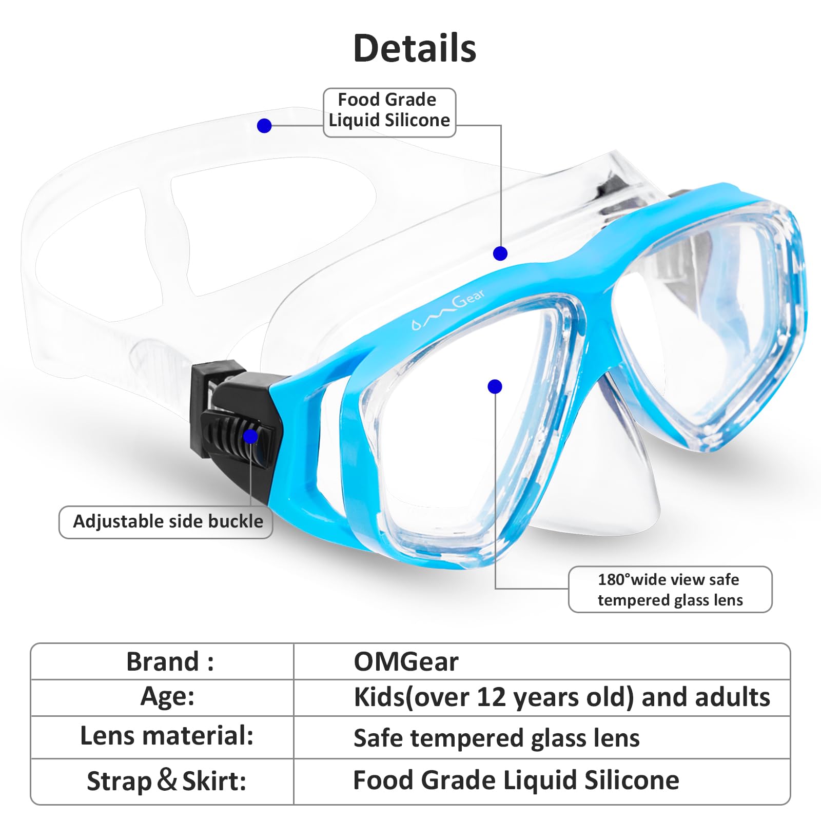 OMGear Máscara de natación, gafas de buceo con cubierta de nariz, equipo de esnórquel, máscara de esnórquel para adultos y jóvenes, para buceo, pesca submarina, correa de neopreno resistente a los
