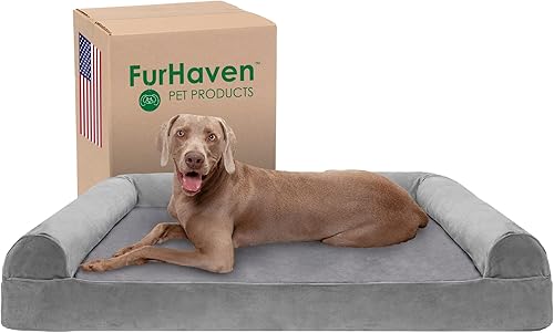 Furhaven Cama para perro, espuma de gel refrescante, de pelo sintético y terciopelo, estilo sofá, color humo gris, gigante extra (XXL)