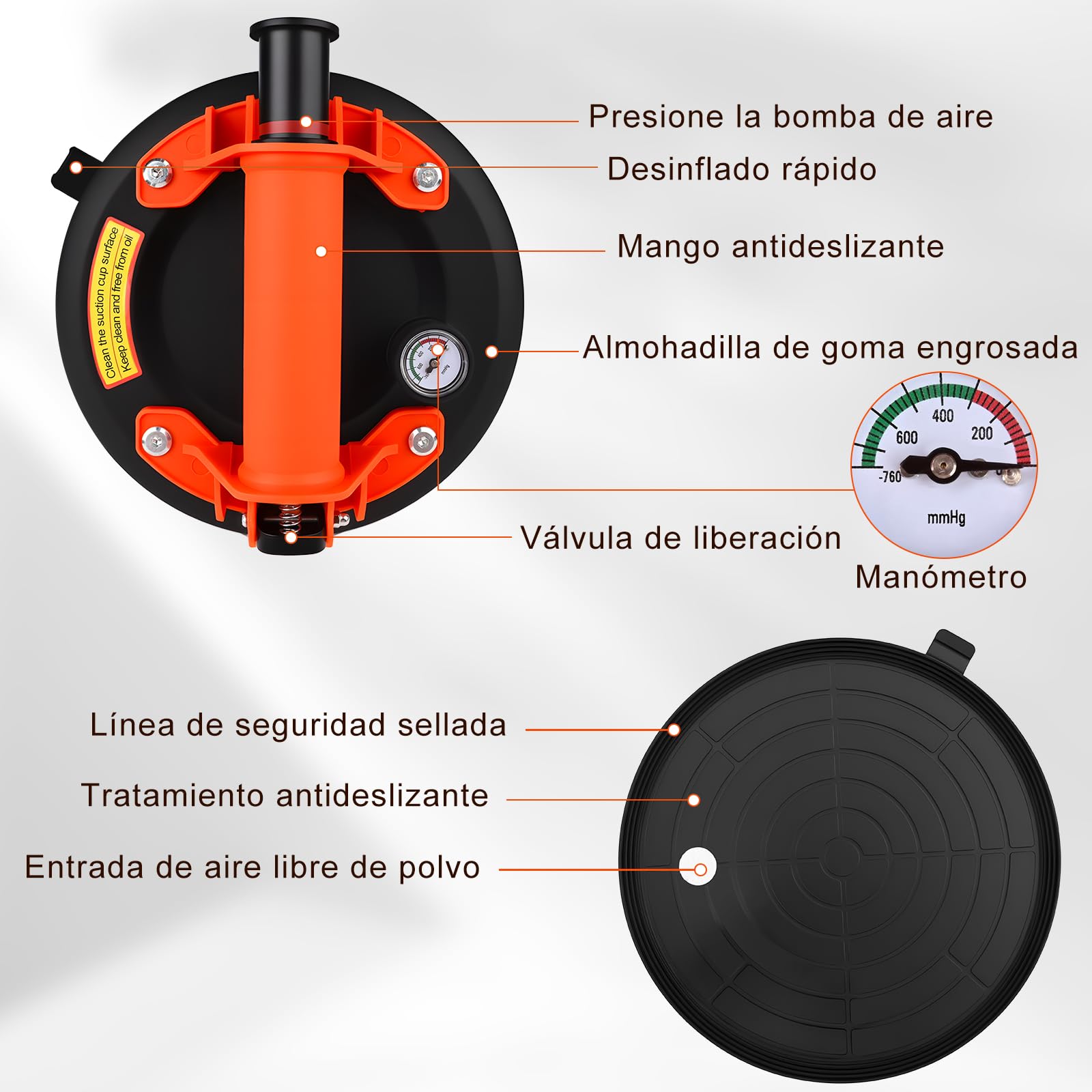 GuKKK Ventosas para Cristal con Manómetro, 2 Ventosas para Azulejos de 8 ", Elevador de Qzulejos Vacío, Capacidad de Carga Máxima de 200 kg, Ideal para Levantar Cristales, Mármol y Cerámica