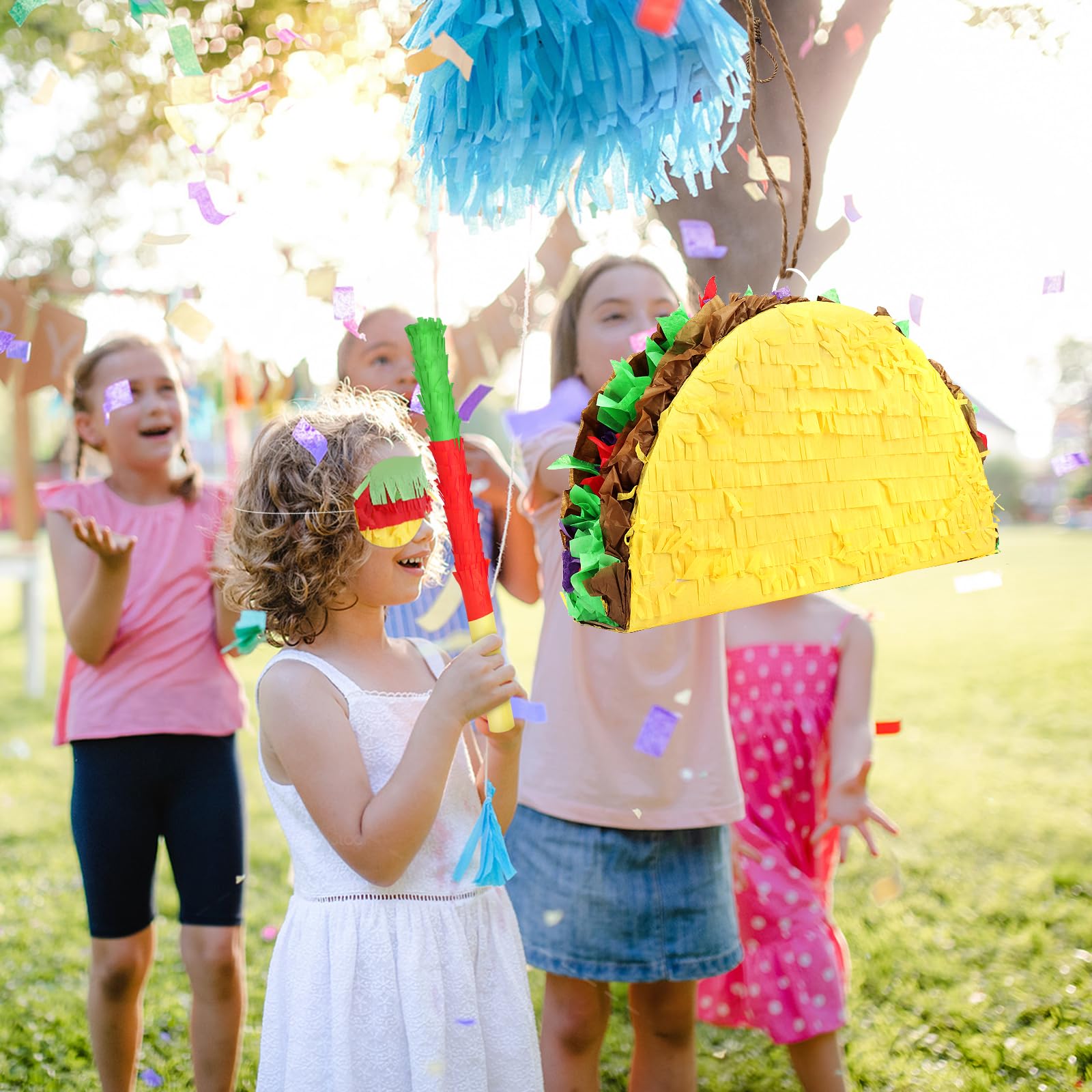 Hooqict Taco Pinata Set Mexican Birthday Party Pinata with Stick & Blindfold for Kids Adults Cinco de Mayo Taco Decorations Mexican Party Games Fiesta Themed Birthday Party Supplies