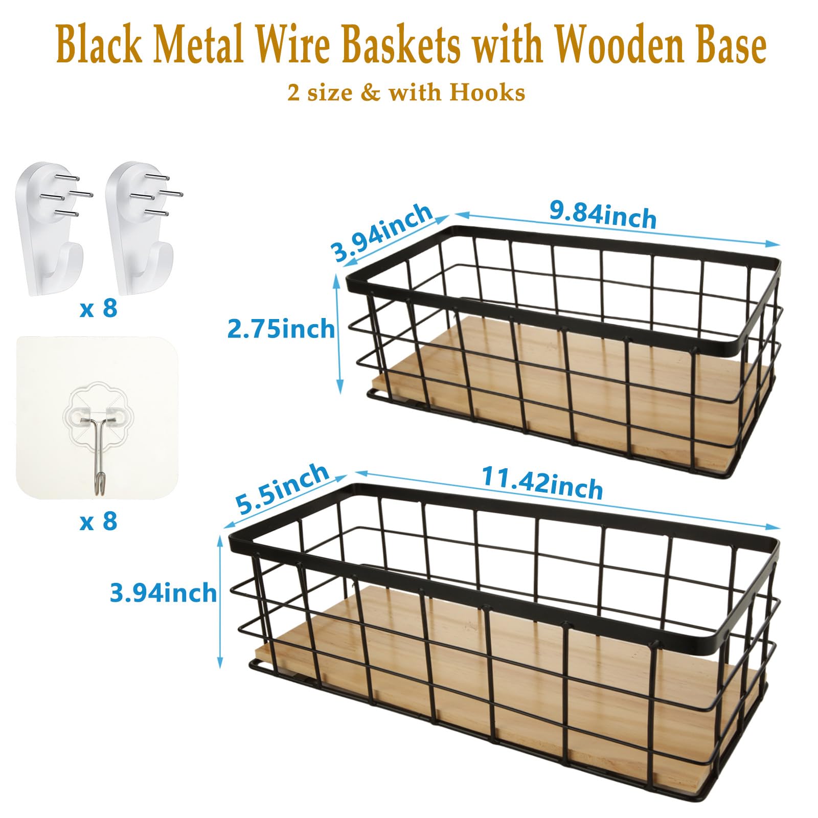 Acrux7 Paquete de 4 cestas de alambre de metal, cestas de almacenamiento de alambre negro con base de madera desmontable, cesta rectangular de cables de montaje en pared para cocina, baño, despensa