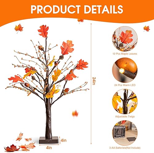 Miniatura 3 de Ethlomoer Árbol de arce artificial de 24 pulgadas con luces para decoraciones de otoño, 24 luces LED preiluminadas para Acción de Gracias, centros