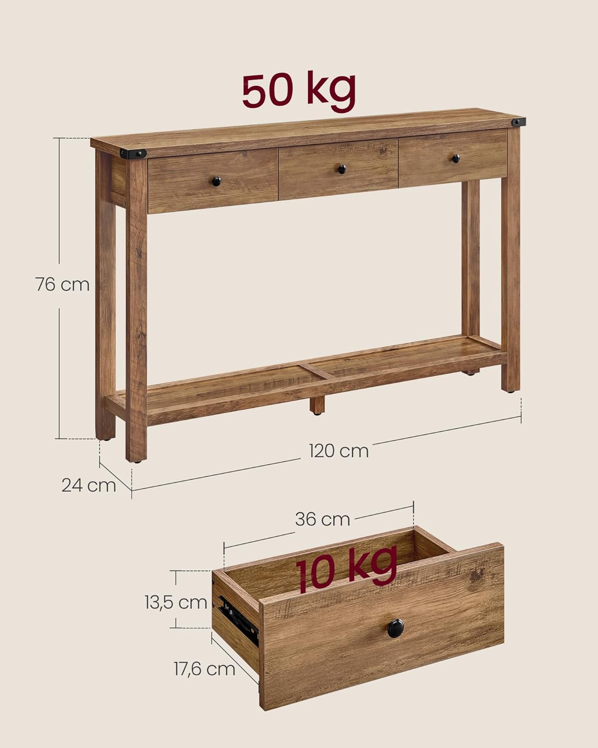 Diagram showing dimensions and weight capacity of the VASAGLE Console Table LNT142K41.