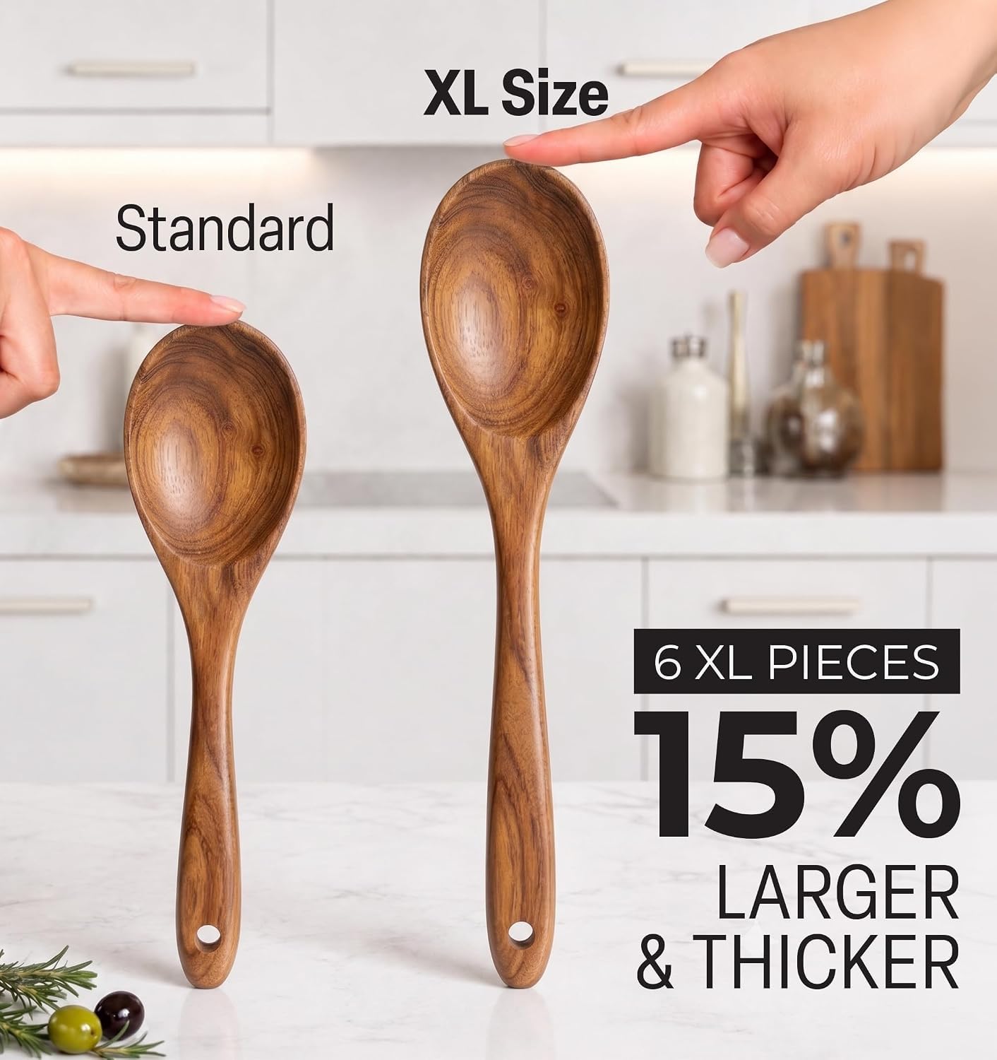 Zulay Kitchen Lot de 6 ustensiles de cuisine en bois extra-larges - Ustensiles de cuisson en teck lisse - Manche antidérapant non collant, spatule, écumoire, fourchette, cuillère de service