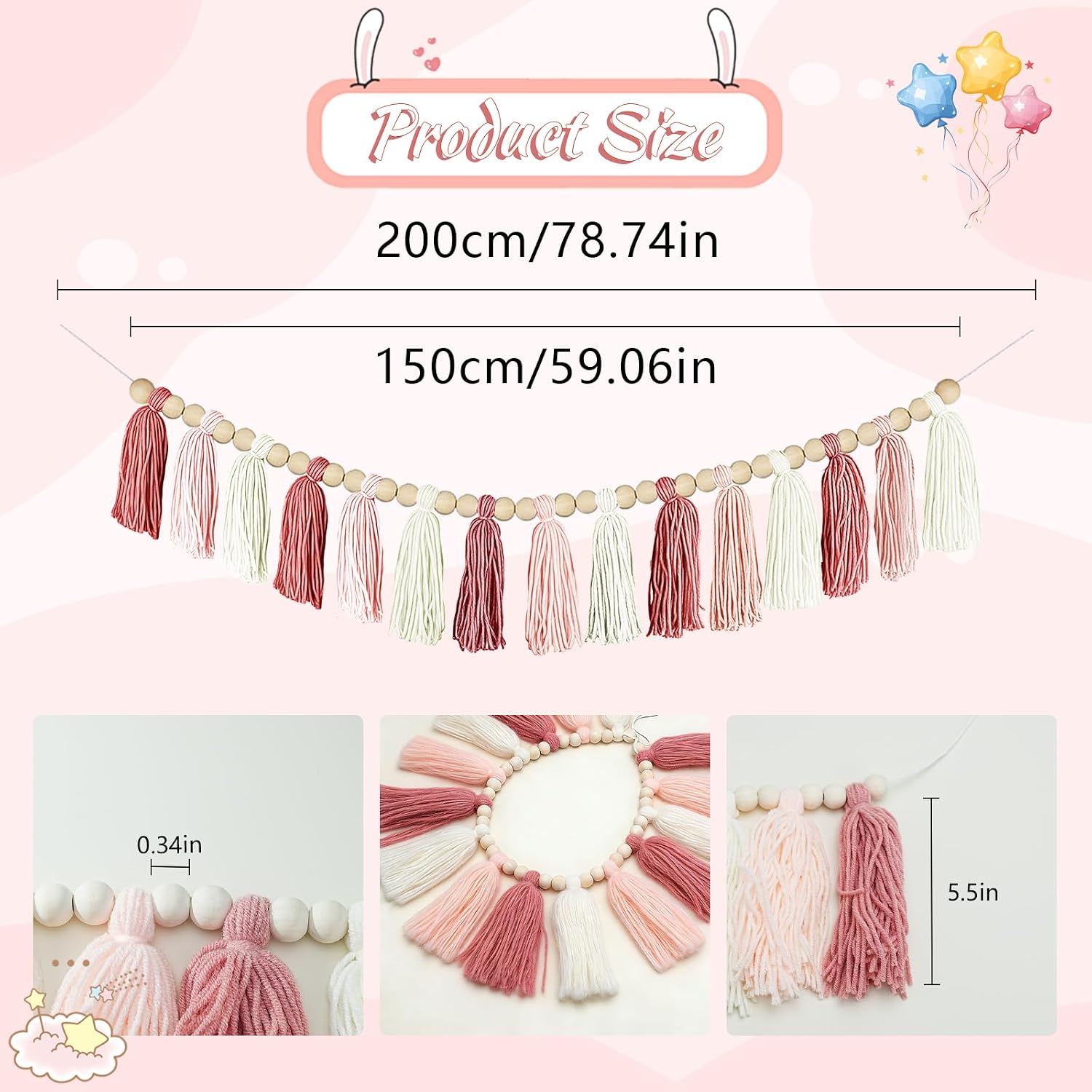 Boho Yarn Tassel Garland - Handmade Wall Hanging Decor for Nursery, Baby Shower, Kids Room, Classroom, Birthday Party - Macrame Tassels Banner for Bedroom, Office, Home Decoration (Pink) image 2