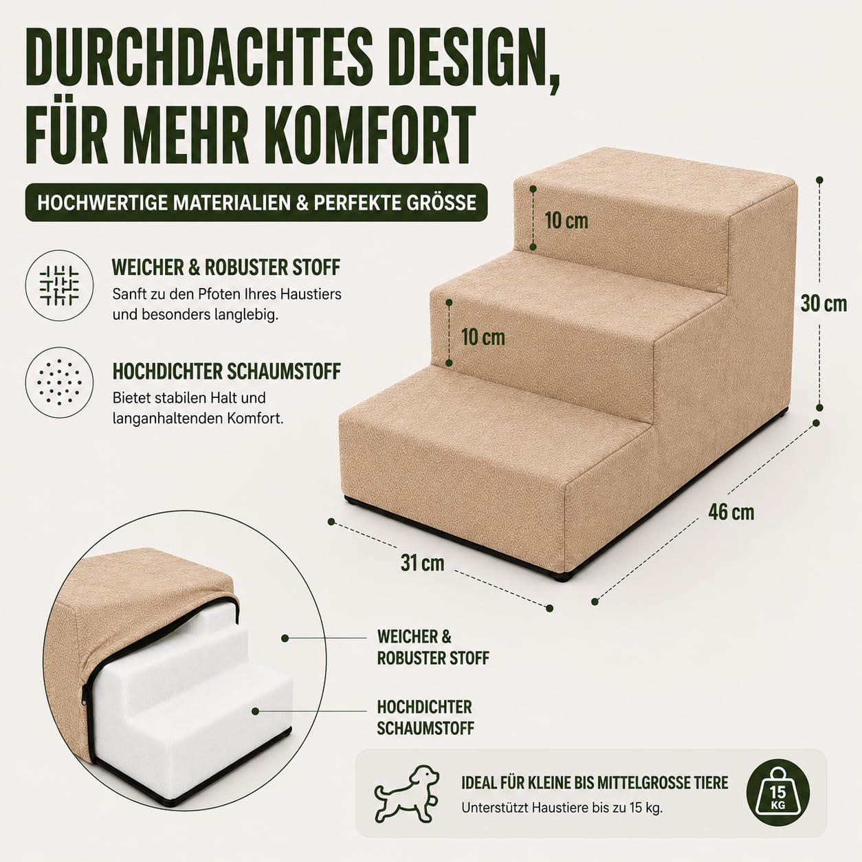 Muralo Hundetreppe 3 Stufen für Kleine Hunde, Katzen, Velvet - Flaschengrün