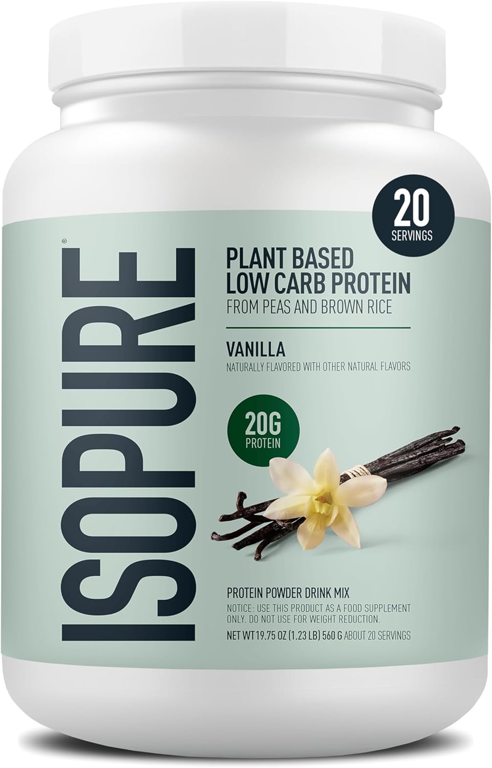 Isopure Plant-Based Protein Powder, Lactose Free, Gluten Free, With Iron, Vanilla, 20g Plant Protein Per Serving, 1.23 Lbs, 20 Servings (Packaging May Vary) - Vanilla flavor protein powder by Isopure