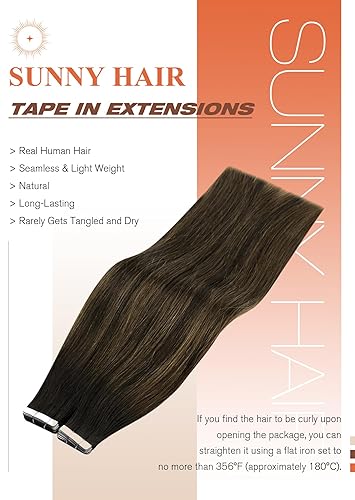 Miniatura 2 de Sunny Hair Extensiones de cabello humano con cinta adhesiva, sin costuras, de 16 pulgadas, color marrón oscuro, balayage, marrón medio con reflejos,