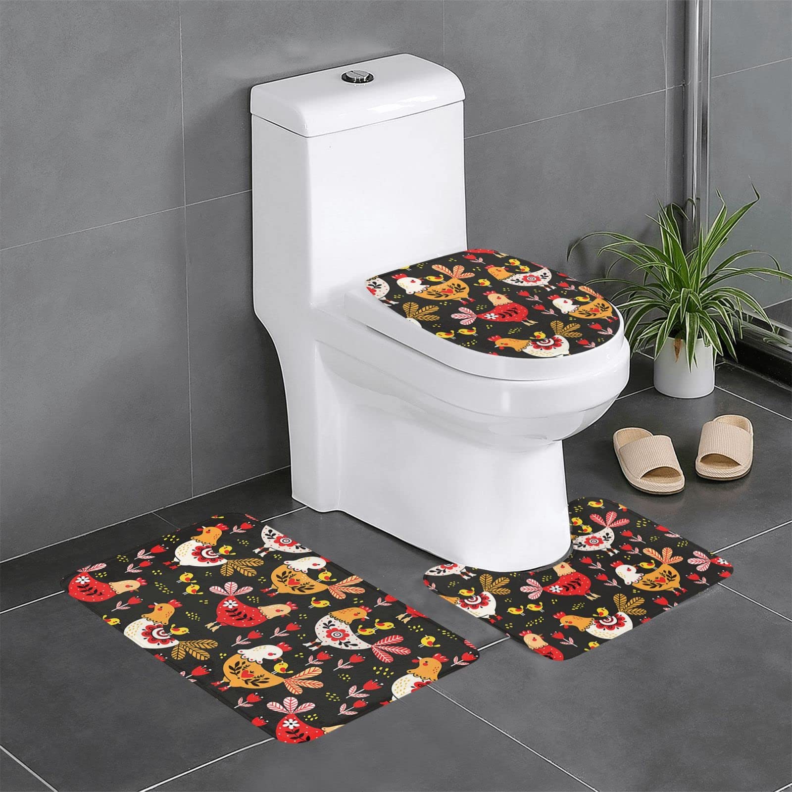 Tapis de salle de bain 3 pièces anti-glisse avec motif coq et poules