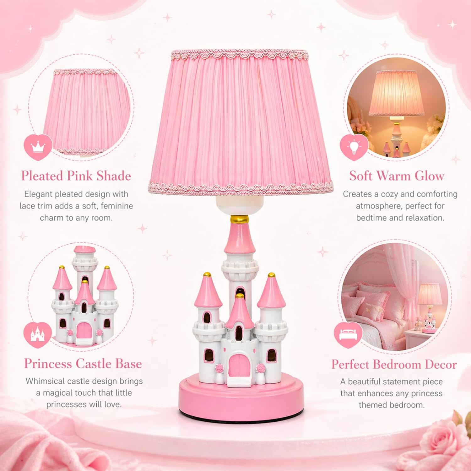 Ecliptix Kids Table Lamp, Adorable 14 Inch Castle Style Kids Desk Lamp, Pink Bedside Lamp Ideal for Girls Bedroom Decor, Includes LED Bulb(Pink Pleated Fabric Lampshade)