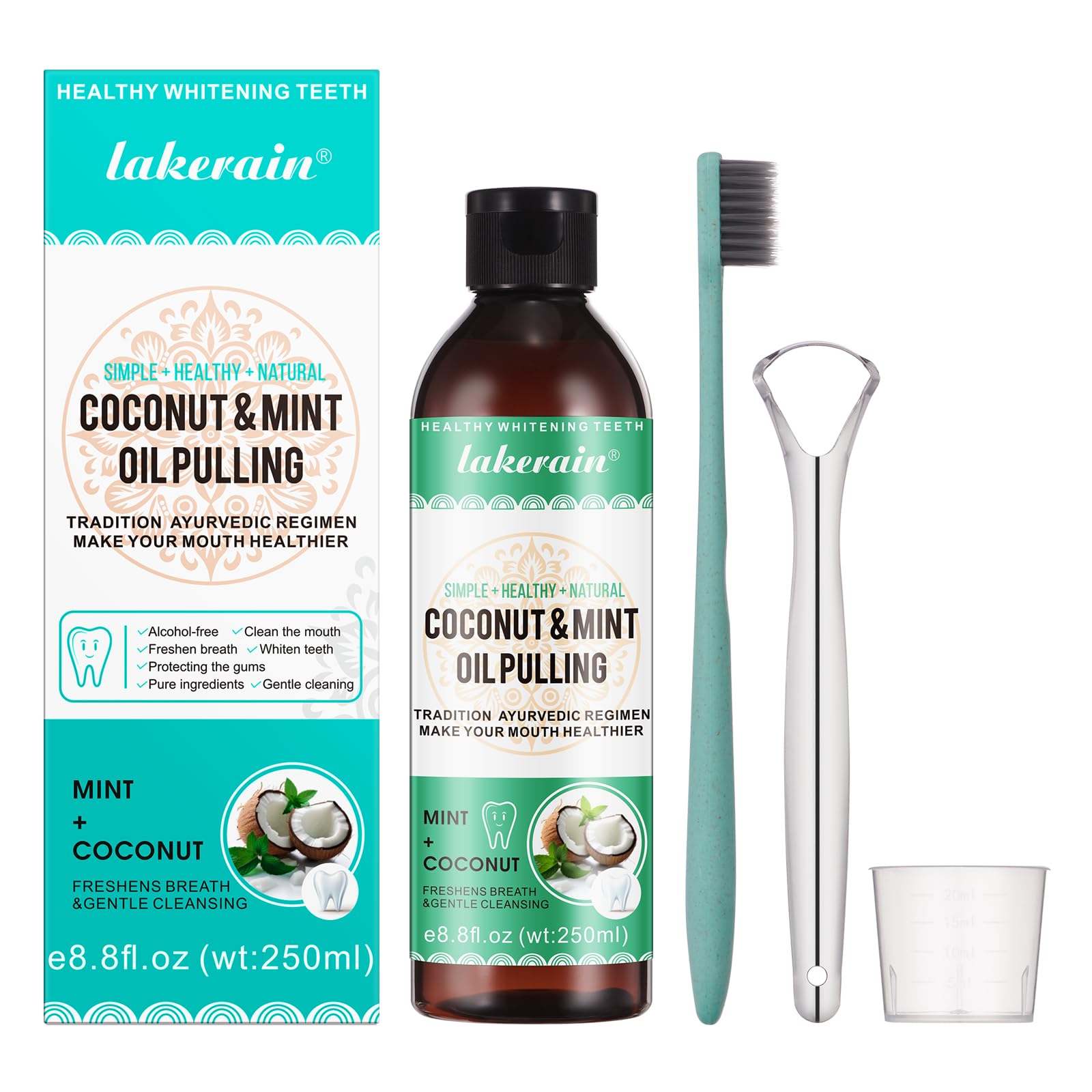 Coconut & Mint Oil Pulling with Tongue Scraper and Toothbrush - Alcohol Free Mouthwash for Fresh Breath, White Teeth, Healthy Teeth, Protecting The Gums, Clean The Mouth (250ml)