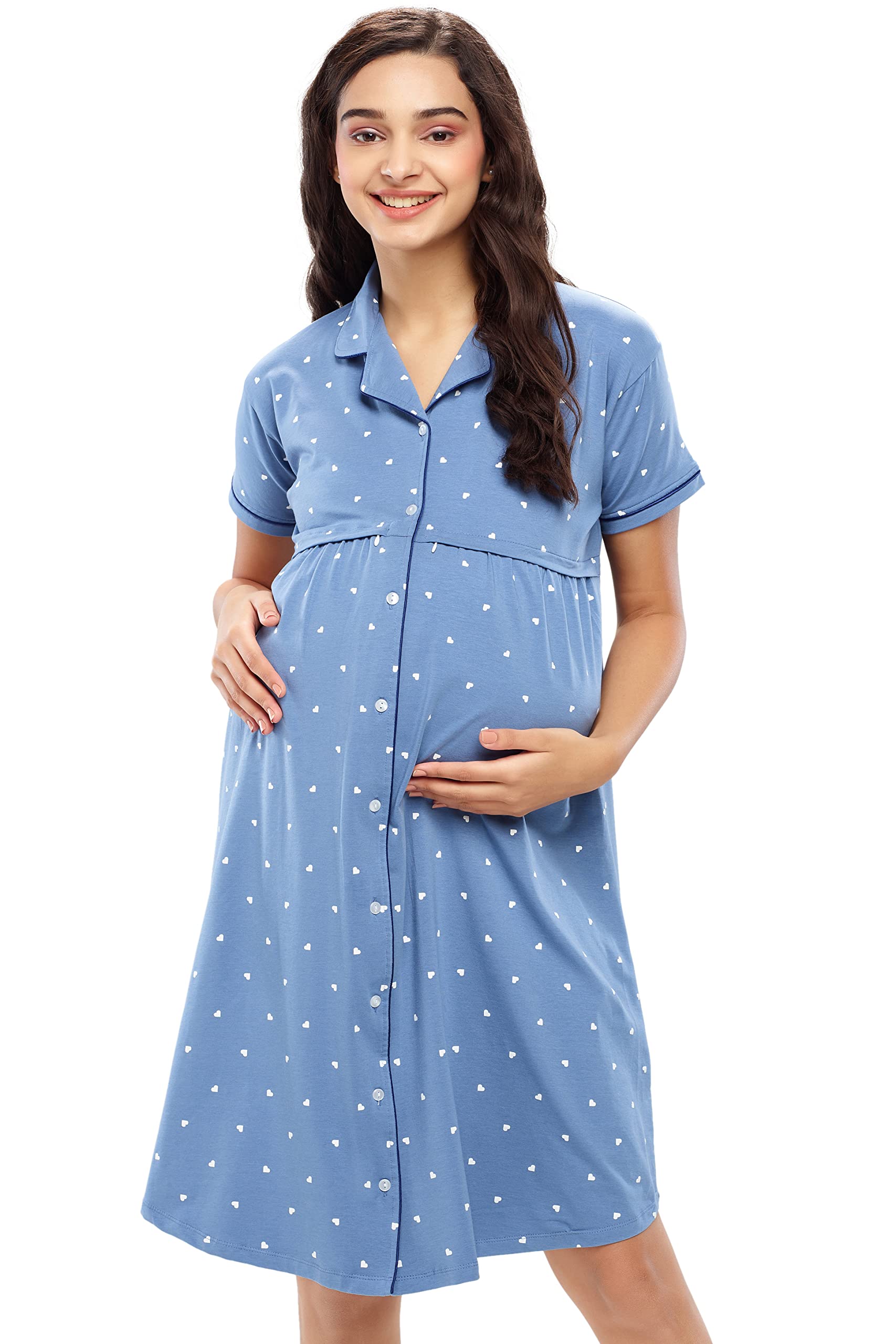 ZEYO Women's Cotton Night Dress Heart Printed Maternity & Feeding Short Nighty Night Gown Shirt 5635