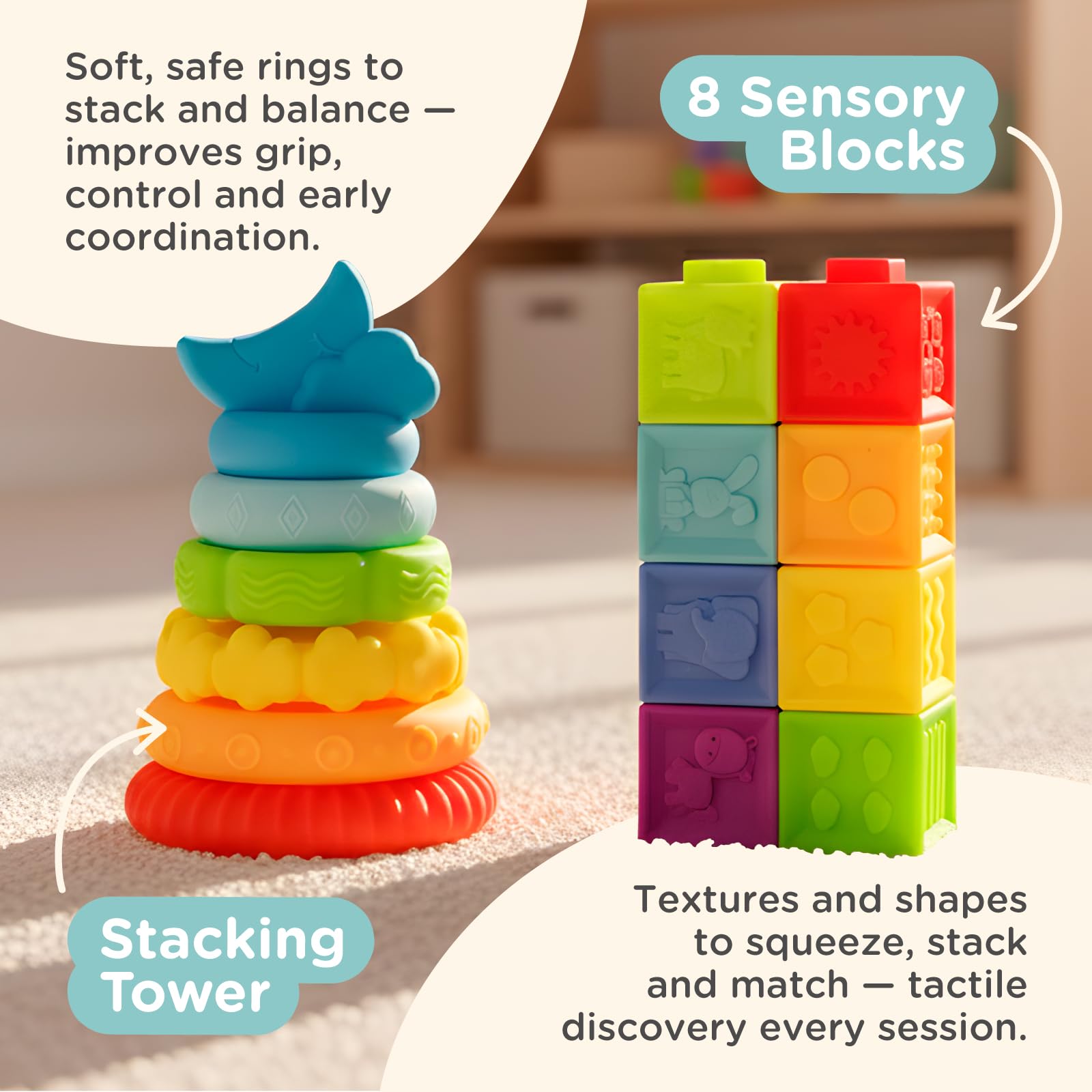 Nene Toys Zabawki Montessori dla Niemowląt 6–12 Mies. – Drewniany Zestaw Sensoryczny: Skrzynka Permanencji, Wieża Silikonowa, Puzzle z Lustrem, Książeczka, Gryzak, Grzechotka i 8 Bloków