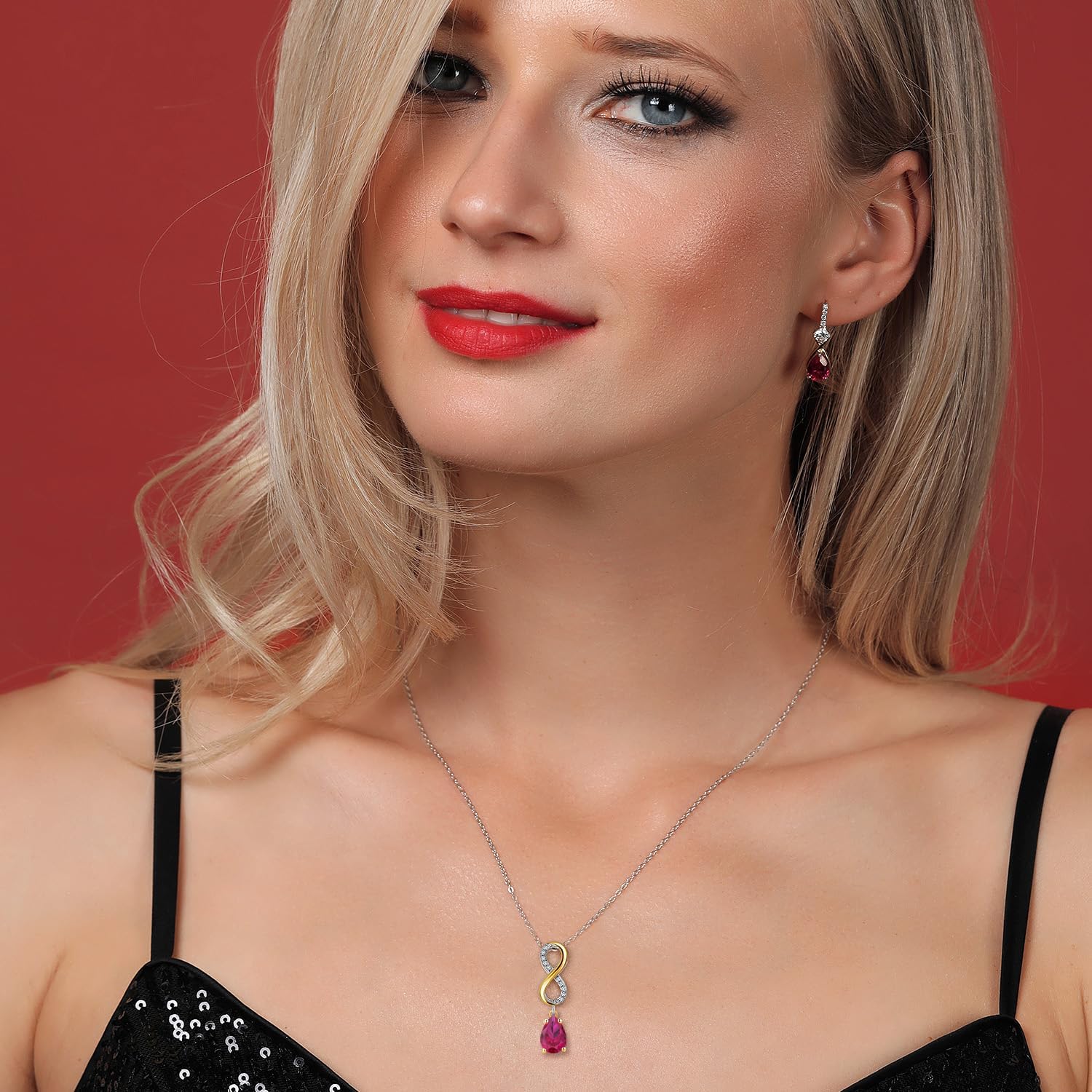 Gem Stone King 925 Silver and 10K Yellow Gold Red Created Ruby and Lab Grown Diamond Pendant Necklace for Women | 2.18 Cttw | Gemstone July Birthstone | Pear Shape 8X5MM | With 18 Inch Chain - Image 4