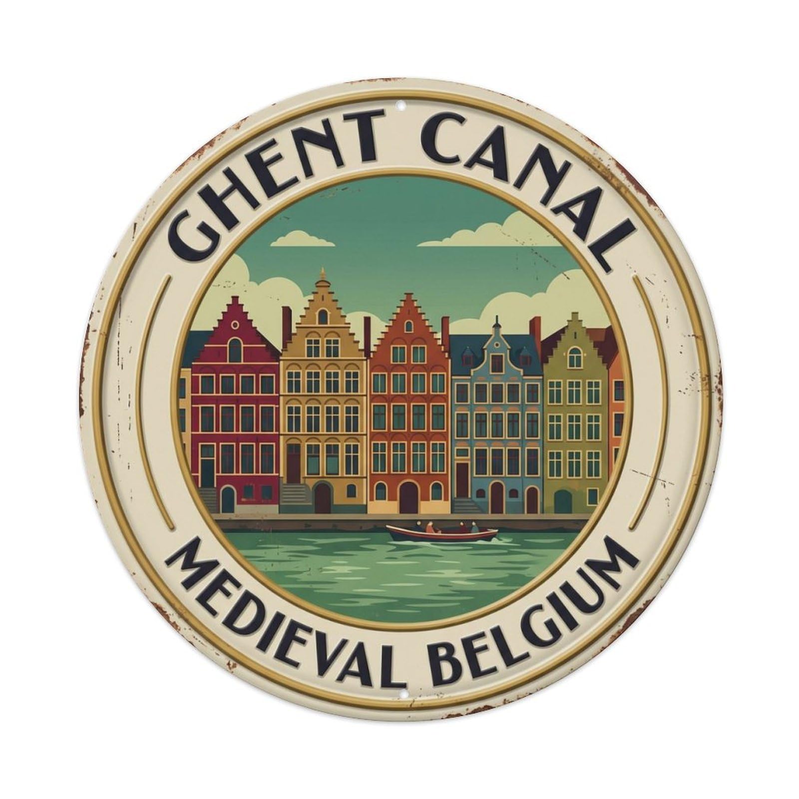 Ghent Canal Medieval Belgium City Metal Tin Sign Plaque Wall Decor for Cafe, Club Bar, Office, Home Garden Round Metal Poster 8x8Inch