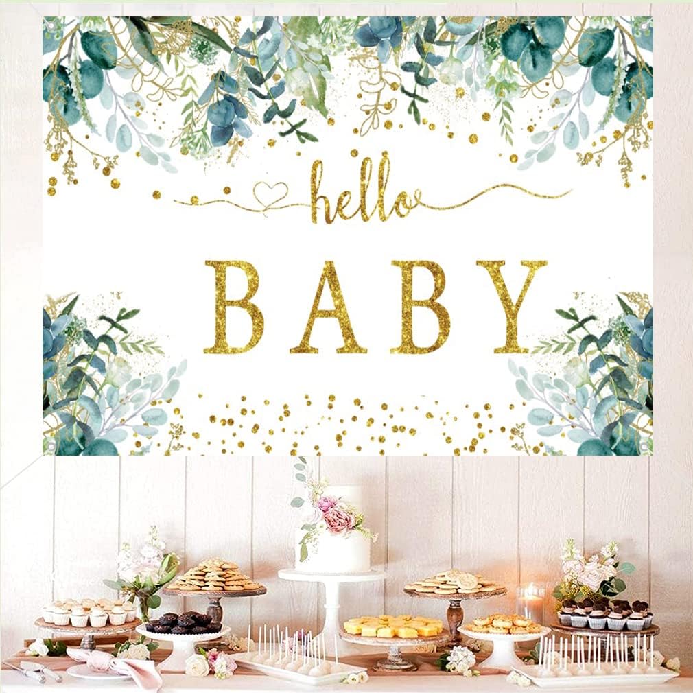 Hello Baby Backdrop for Baby Shower Gold Eucalyptus Greenery Leaves Gender Neutral Kids Photography Background Newborn Party Decoration Banner Welcome Sign - Image 5