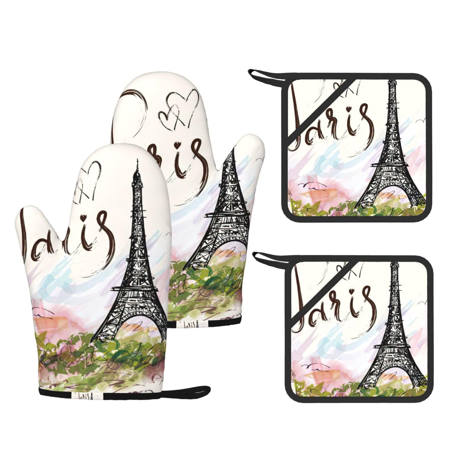 Eiffel Tower Print Oven Mitts And Pot Holders Pads Set, Oven Glove High Heat Resistant 500 Degree For Kitchen