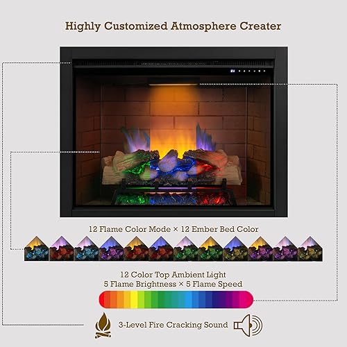 Miniatura 3 de Inserto de chimenea eléctrica con luz superior, opción de color de llama de 12 × 12 × 12 con sonido crepitante de fuego, 36 ″ W×27 ″ H, 750W/1500W