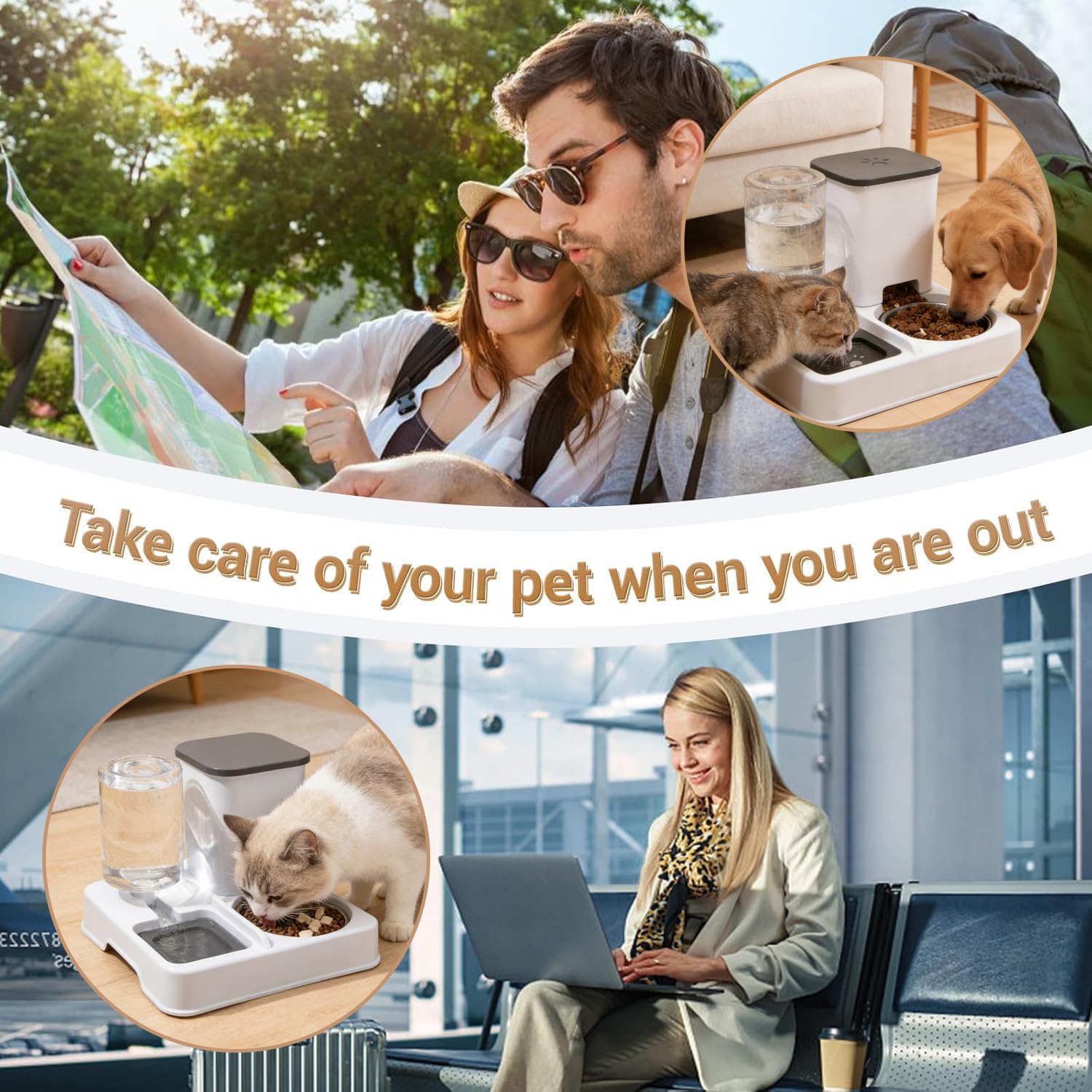 2-in-1 Automatischer Futter und Wasserspender für Haustiere, Abnehmbarer Futterstation, Katzenfutter Spender und Tränke mit Edelstahlschale, Futterspender für Katze und kleine Hunde (Grauweiß)