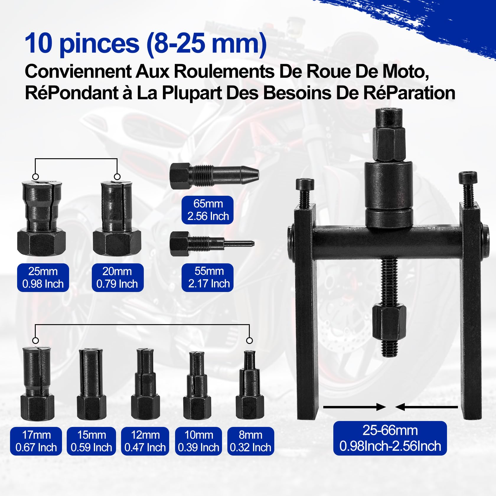 CarBole Ensemble d'extracteurs de Roulement Intérieur Moto 10 Pièces,8-25mm,Outil d'extraction de Roue,Robuste avec Rangement