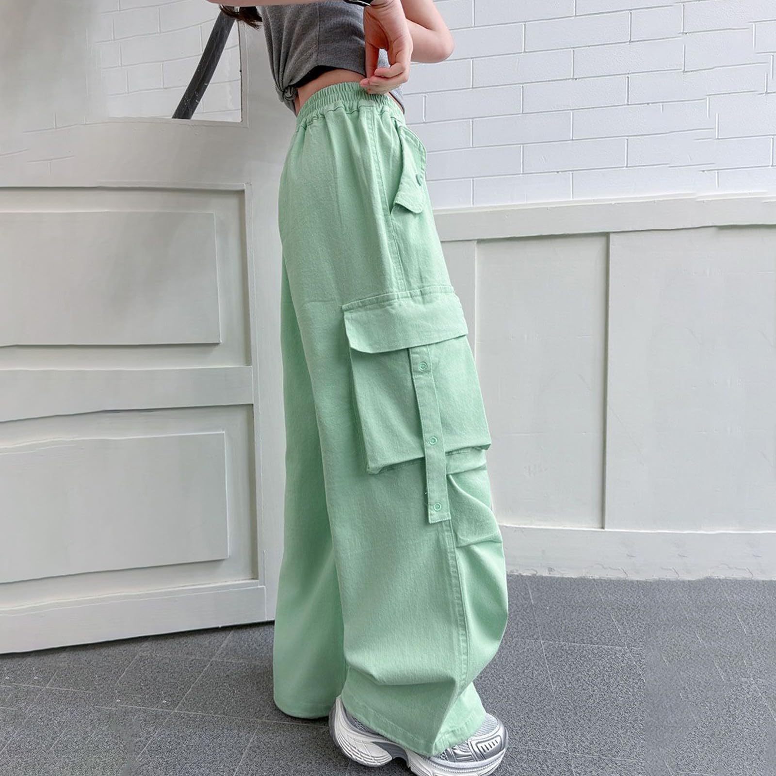 Baggy Cargohose Mädchen High Waist Cargo Hose Girls Weites Bein Stretch Elastischer Bund Trainingshose Kinder Hohe Taille Y2K Streetwear Lässige Sweatpants Jungen