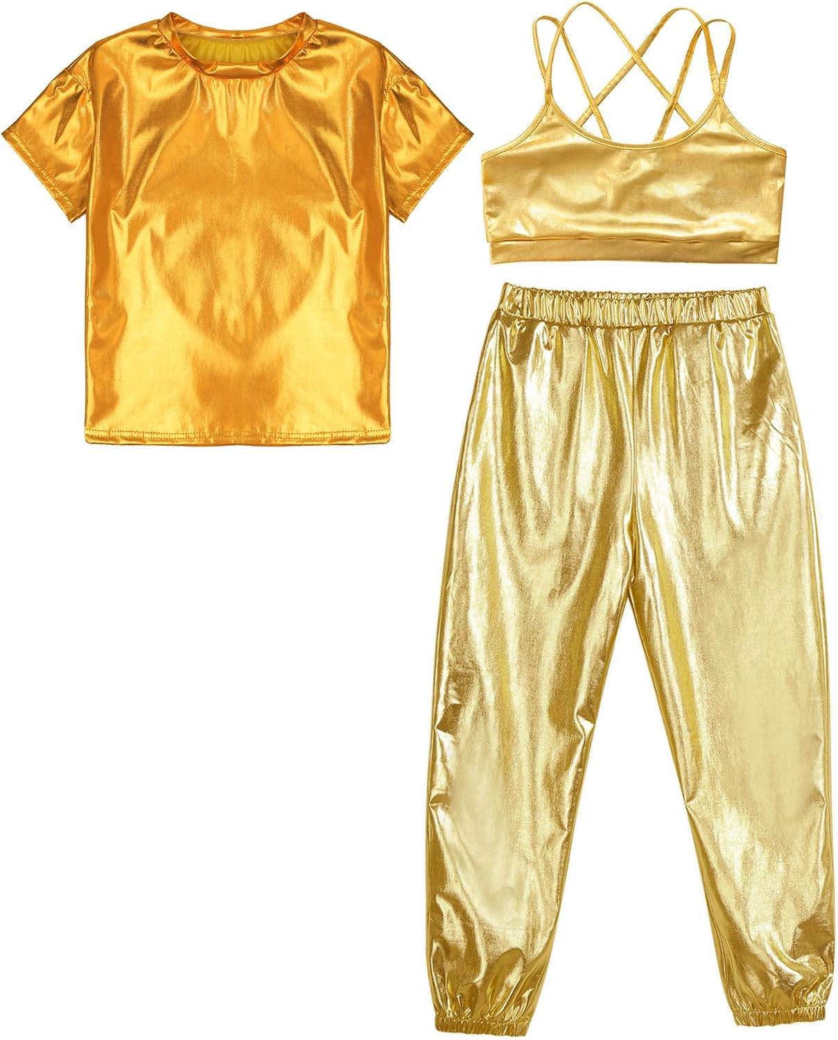 Jugaoge Kids Girls Metallic Dance Costume Shiny Sports Bra Vest Short Sleeve T-Shirt with Pants Set Dancewear