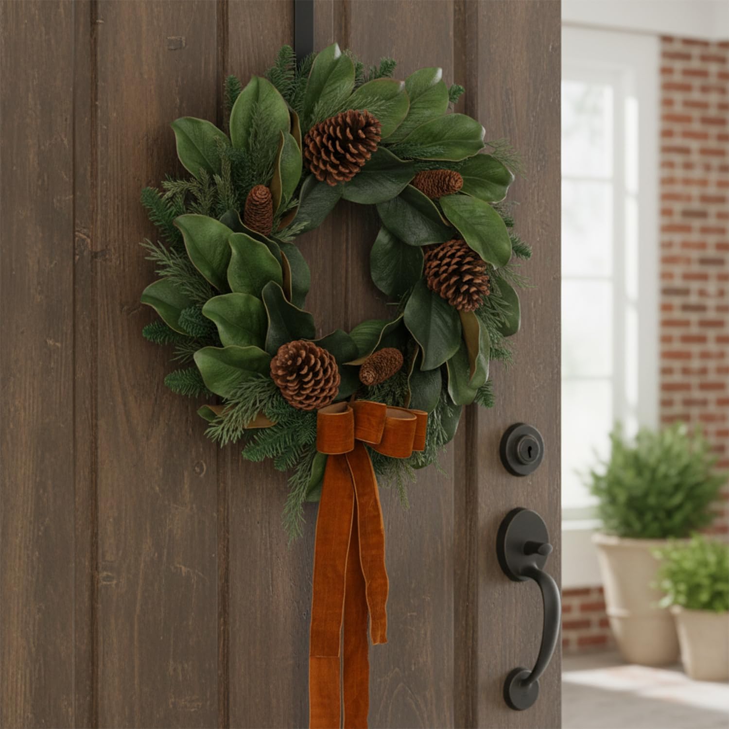 24" Artificial Winter Wreath for Front Door, Holiday Winter Wreath with Magnolia Leaves, Pinecones and Bow Ribbon, Perfect for Indoor Outdoor Farmhouse Rustic Home Decor