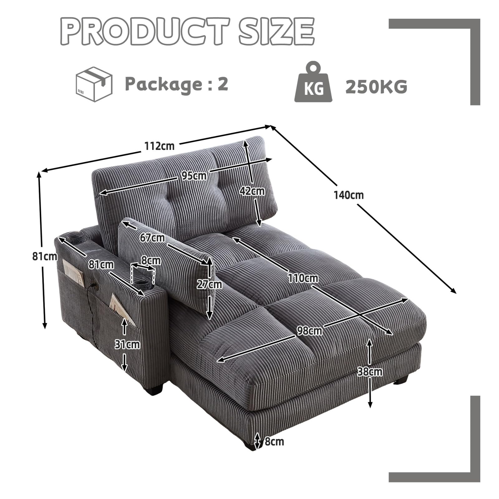 Sofá cama de pana, sillón cama de 1 plaza con USB, 2 portavasos, bolsillo lateral y cojines, reposabrazos ajustables, para espacio pequeño, 140 x 112 x 81 cm (gris)