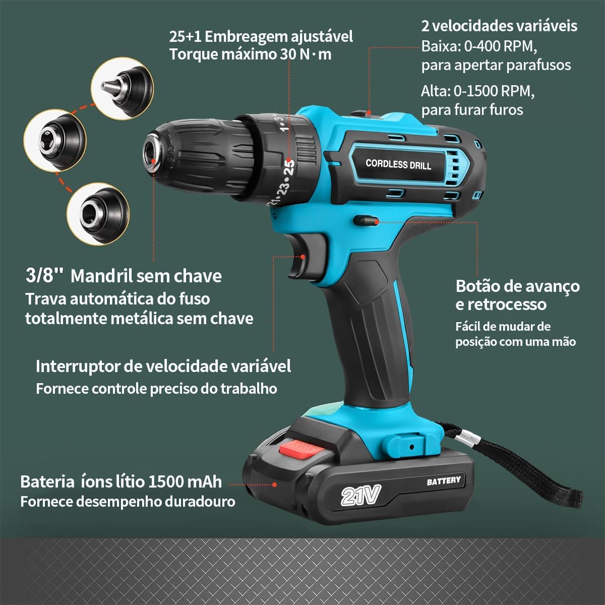 Parafusadeira e Furadeira à Bateria 21V com 2 Baterias e Carregador, 2 Velocidades Variáveis, Luzes LED, Kit de 25 Acessórios e Maleta, Conjunto Completo para Perfuração e Parafusamento, Azul Parafusadeira e Furadeira à Bateria 21V com 2 Baterias e Carregador, 2 Velocidades Variáveis, Luzes LED, Kit de 25 Acessórios e Maleta, Conjunto Completo para Perfuração e Parafusamento, Azul