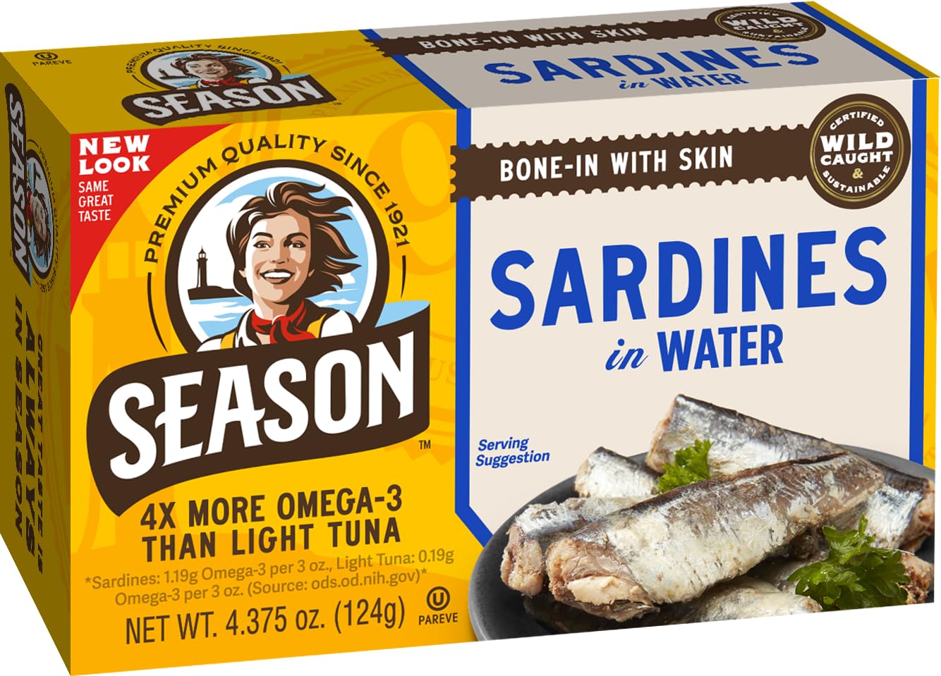 Season Sardines in Water - Wild Caught Fish, 22g of Protein, Keto Snacks, More Omega 3's Than Tuna, High in Calcium, Canned Sardines - 4.37 Oz Tins, 12-Pack