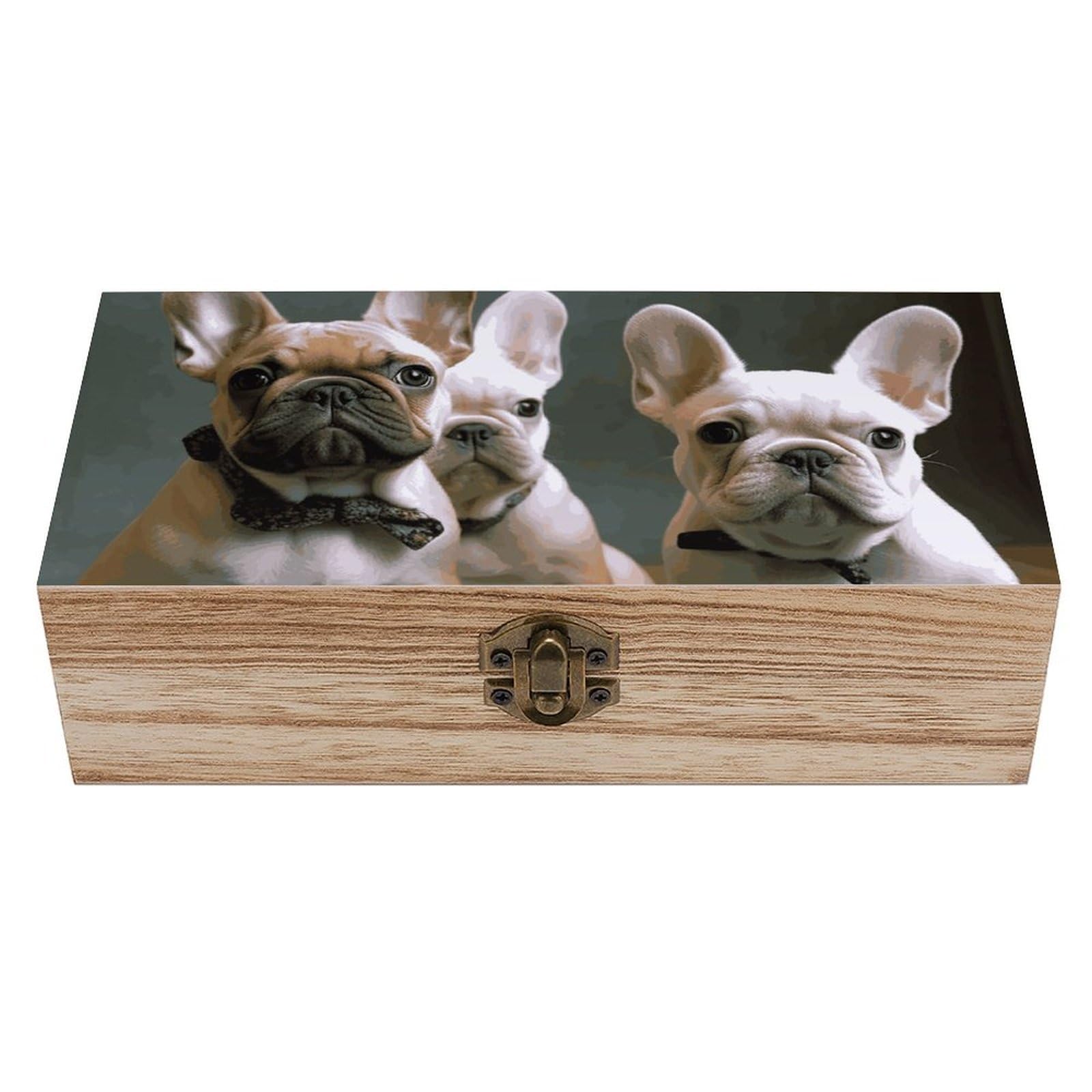 French Bulldog Puppies Wooden Storage Box Exquisite Durable Wood Gift Case Sturdy Vintage Jewelry Wooden Chest for Art Hobbies Storage Keepsake Gift