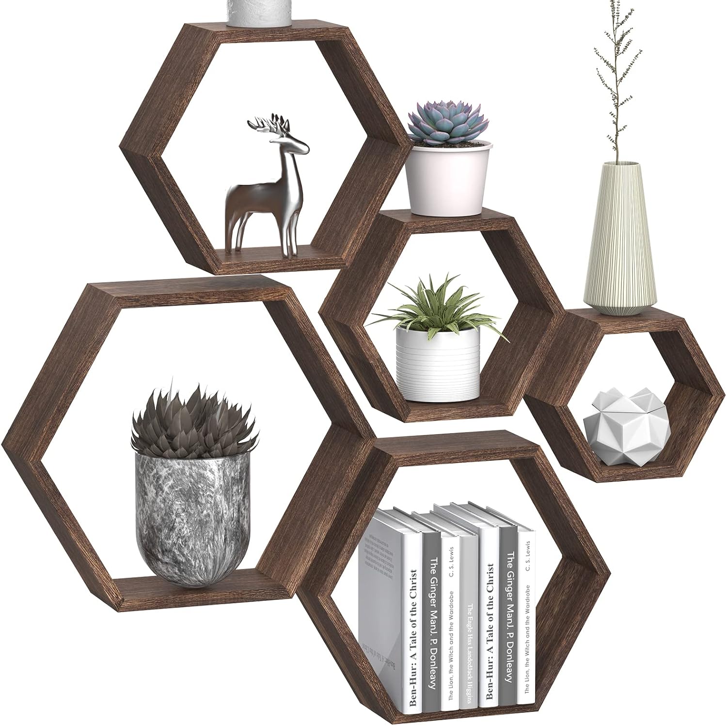Hexagon Floating Shelves, Set of 5 Honeycomb Shelves, Hexagon Shelves for wall, Wooden Hexagon Shelves Wall Decor Octagon Shelves Floating Hexagonal Wall Shelf for Living Room Bedroom Farmhouse Brown