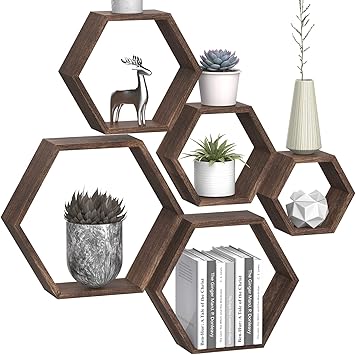 Hexagon Floating Shelves, Set of 5 Honeycomb Shelves, Hexagon Shelves for wall, Wooden Hexagon Shelves Wall Decor Octagon Shelves Floating Hexagonal Wall Shelf for Living Room Bedroom Farmhouse Brown