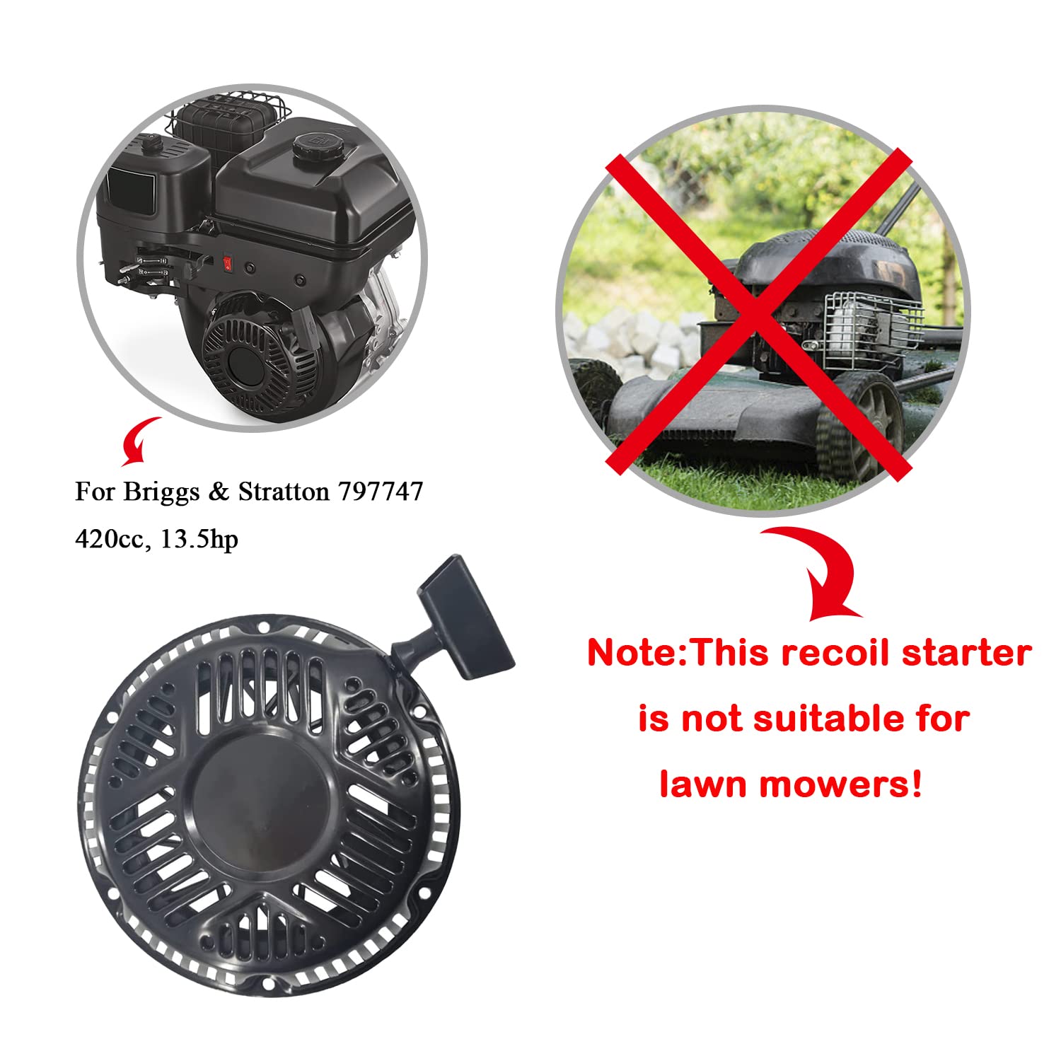 WOTIAN Recoil Starter 797747 Briggs and Stratton - Conjunto de arranque para generador de 420 cc, color negro, 6 agujeros con cuerda de 160 cm