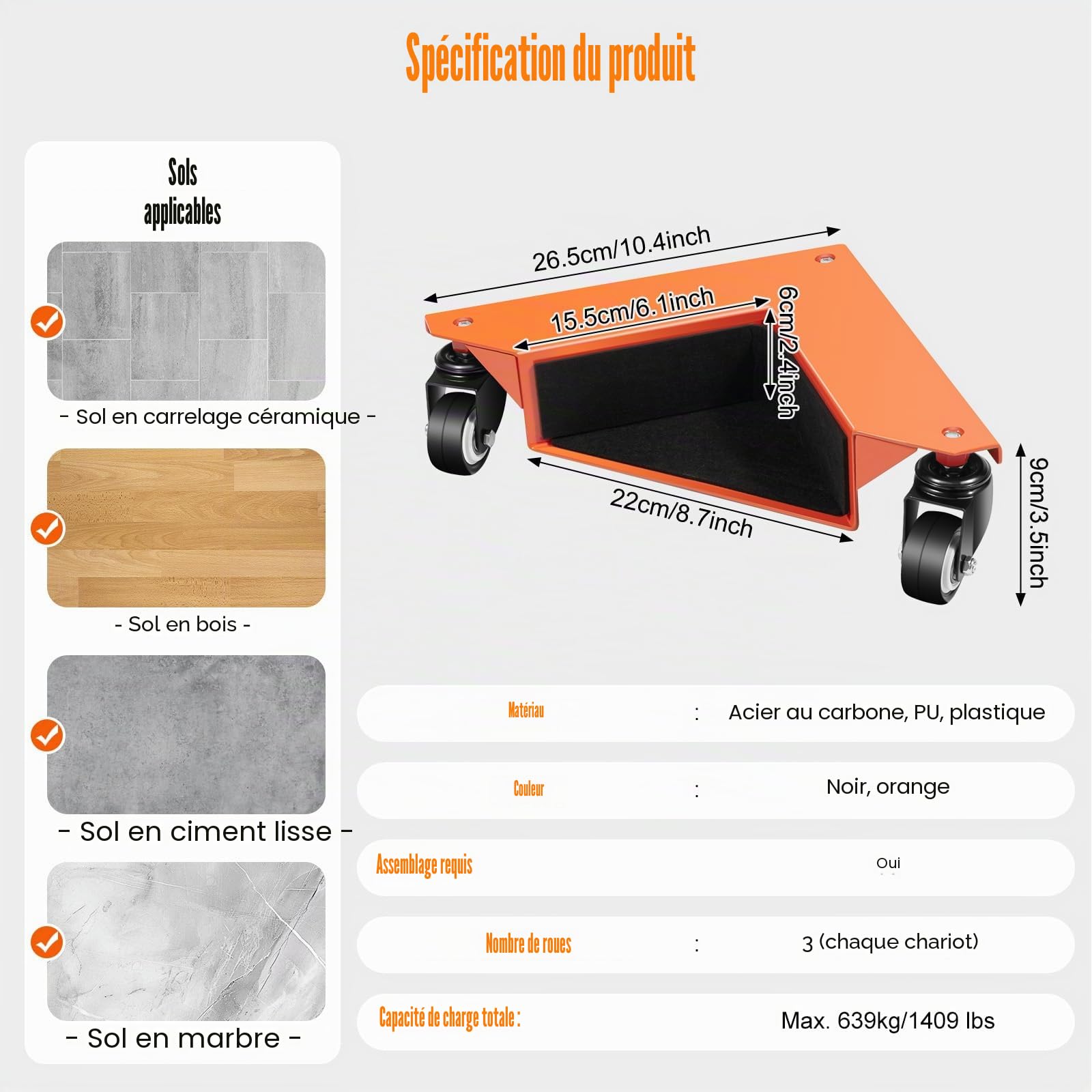 Déplace Meuble Roulette 4 Pièces Charge 639kg, Coin Lève Meuble avec roulettes Pivotantes Acier Carbone, Chariot de Transport Meuble Lourd Piano Frigo Canapé Déplacement Facile