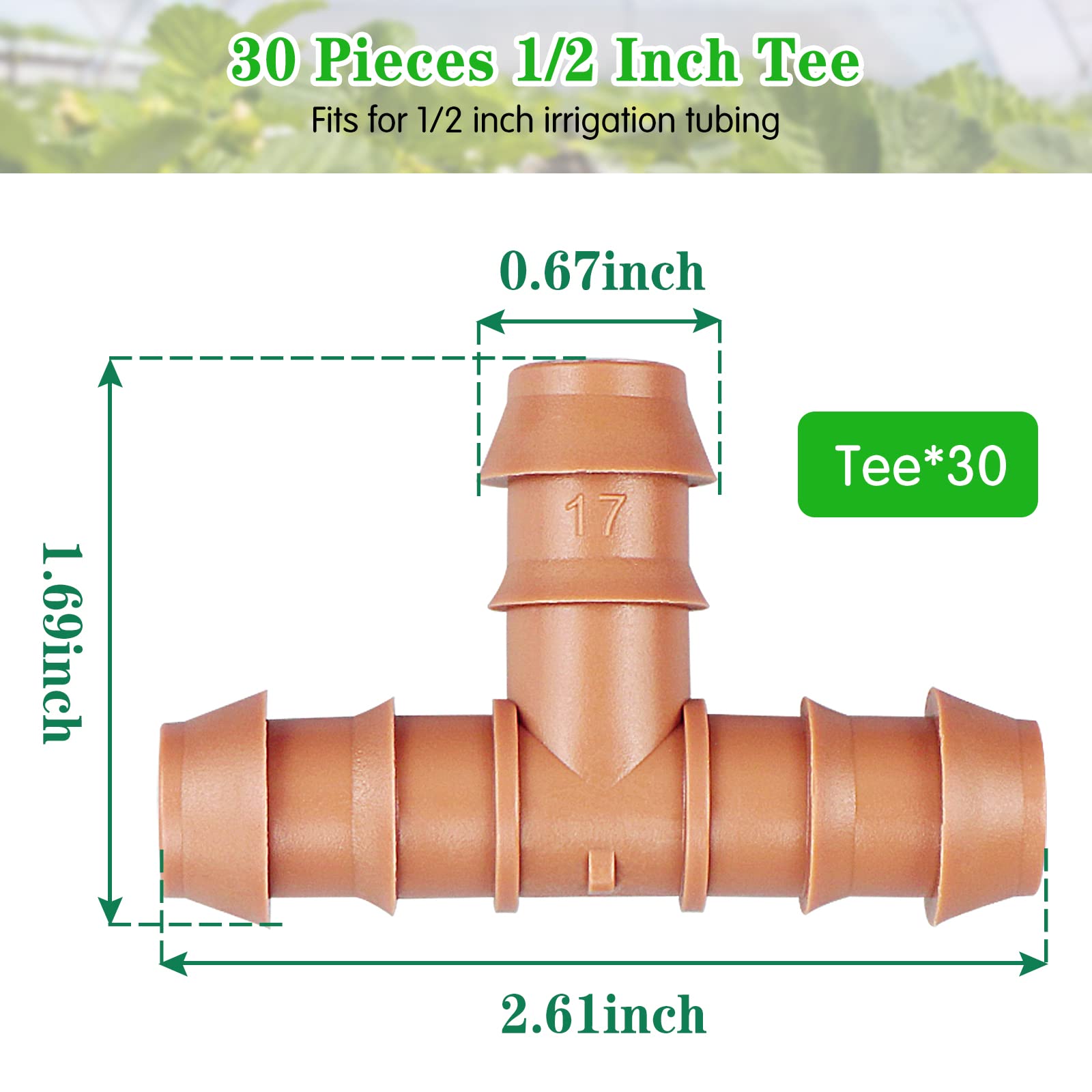 Gardrip Camiseta de púas de riego por goteo: paquete de 30 piezas en T de riego por goteo para tubos de riego por goteo de 1/2 pulgada de 17 mm, conectores en T de identificación de 0.6 pulgadas para