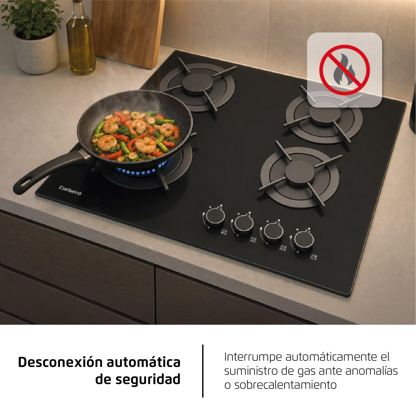 Żeliwo - szklana płyta gazowa 60 cm | CPG406N | 7,2 kW | 4 strefy | sterowanie boczne | żeliwny grill | bezramowy | zestaw do konwersji | zawór bezpieczeństwa i automatyczne wyłączanie | czarny