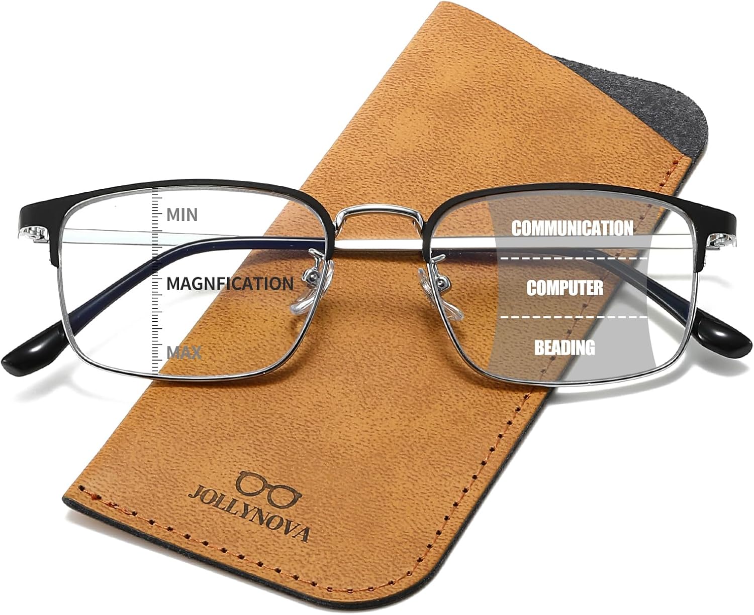 JOLLYNOVA Progressive Reading Glasses Men,Titanium Metal Frame Blue Light Blocking Anti Eyestrain Multifocus Computer Readers