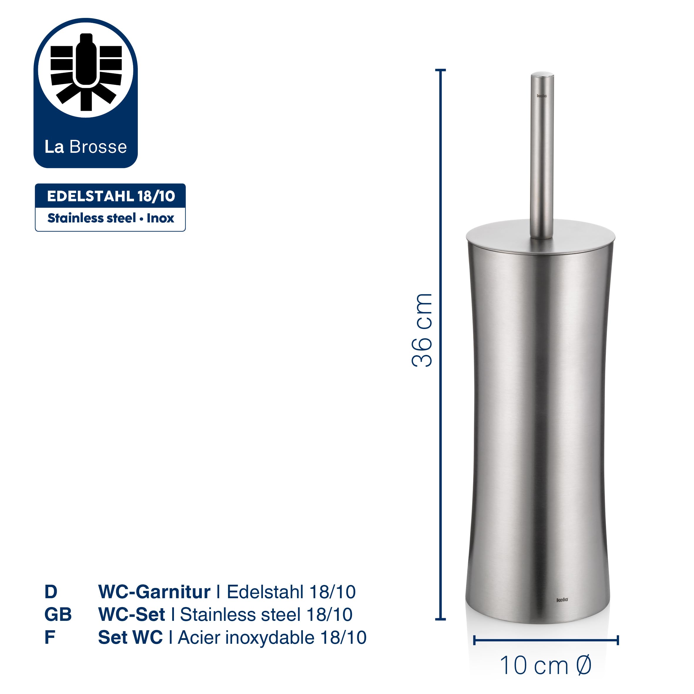 kela Scopino con contenitore 38 cm ELEGANCE, scopino in acciaio inox con testina intercambiabile, set scopino WC, opaco