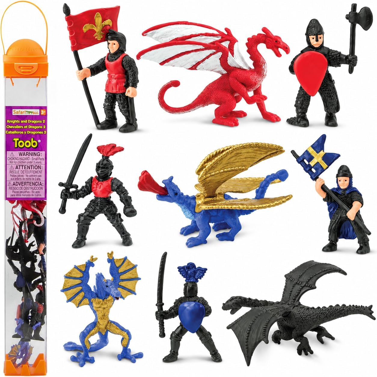 Safari Ltd Knights & Dragons TOOB - 9 Mini Figurines with Knights, Drake, Tiamat, Wyvern, and Peluda Dragon - Toy Figures for Boys, Girls & Kids Ages 3+