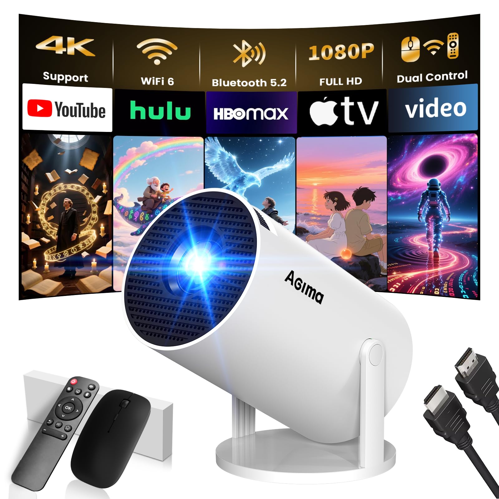 [App Integrada] Mini Proyector 2025 Upgraded Proyector Portátil, Dual Control con Ratón Android TV WiFi 6 BT5.2 180° Rotation Compatible con HDMI/TV Stick/USB/Laptop, con Ratón, Blanco