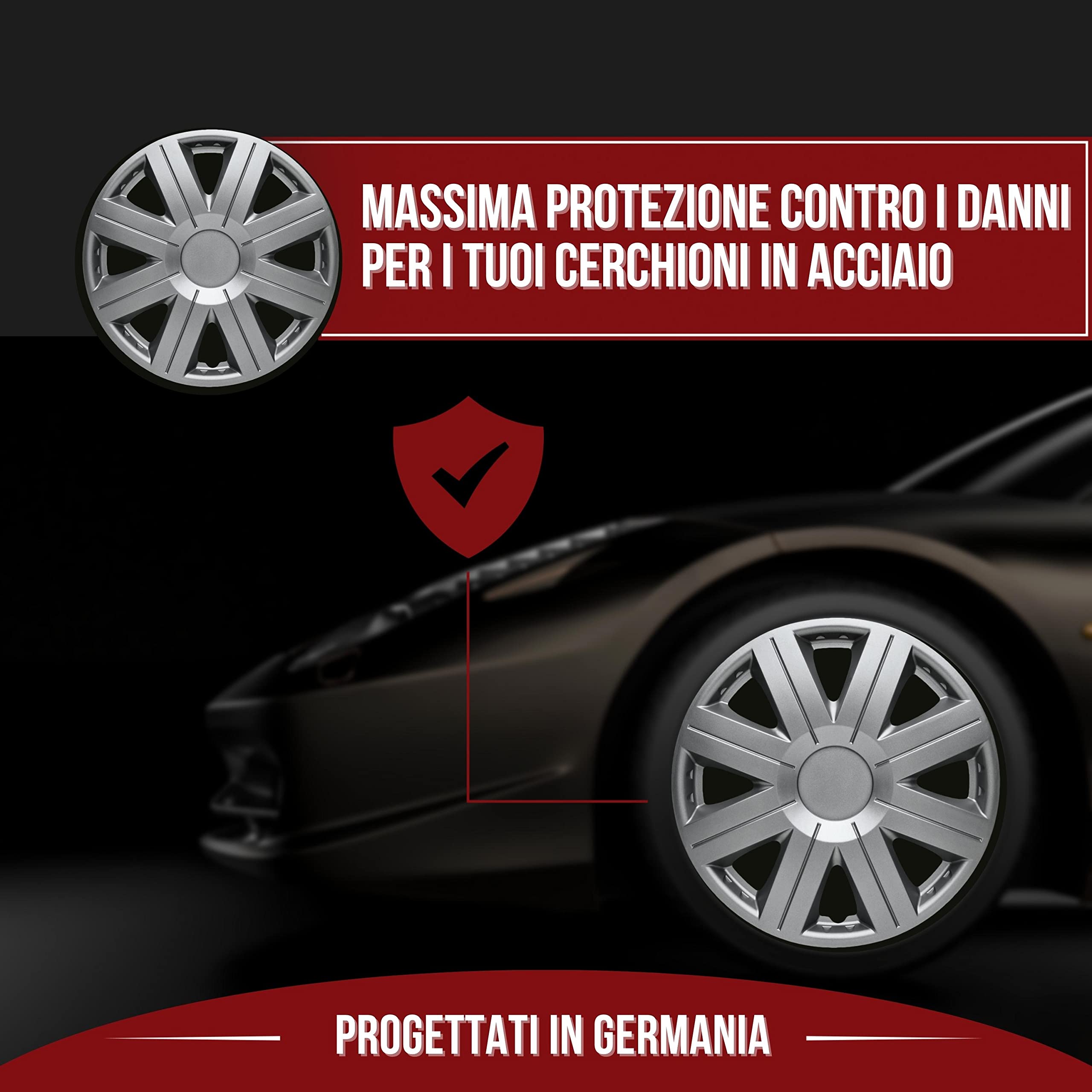 Albrecht Copricerchi 16 Pollici Argento Neri per Cerchioni in Acciaio - Borchie Pollici Cosmos in plastica di Alta qualità con Rivestimento a Strati - Made in EU