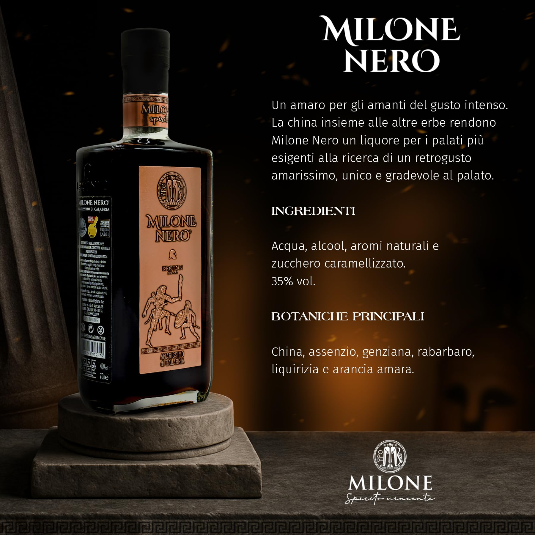 Amaro Milone Nero, 70 cl – Amarissimo di Calabria (35% Vol.) – Liquore Artigianale per Palati Esigenti – Premiato per Design e Gusto Intenso