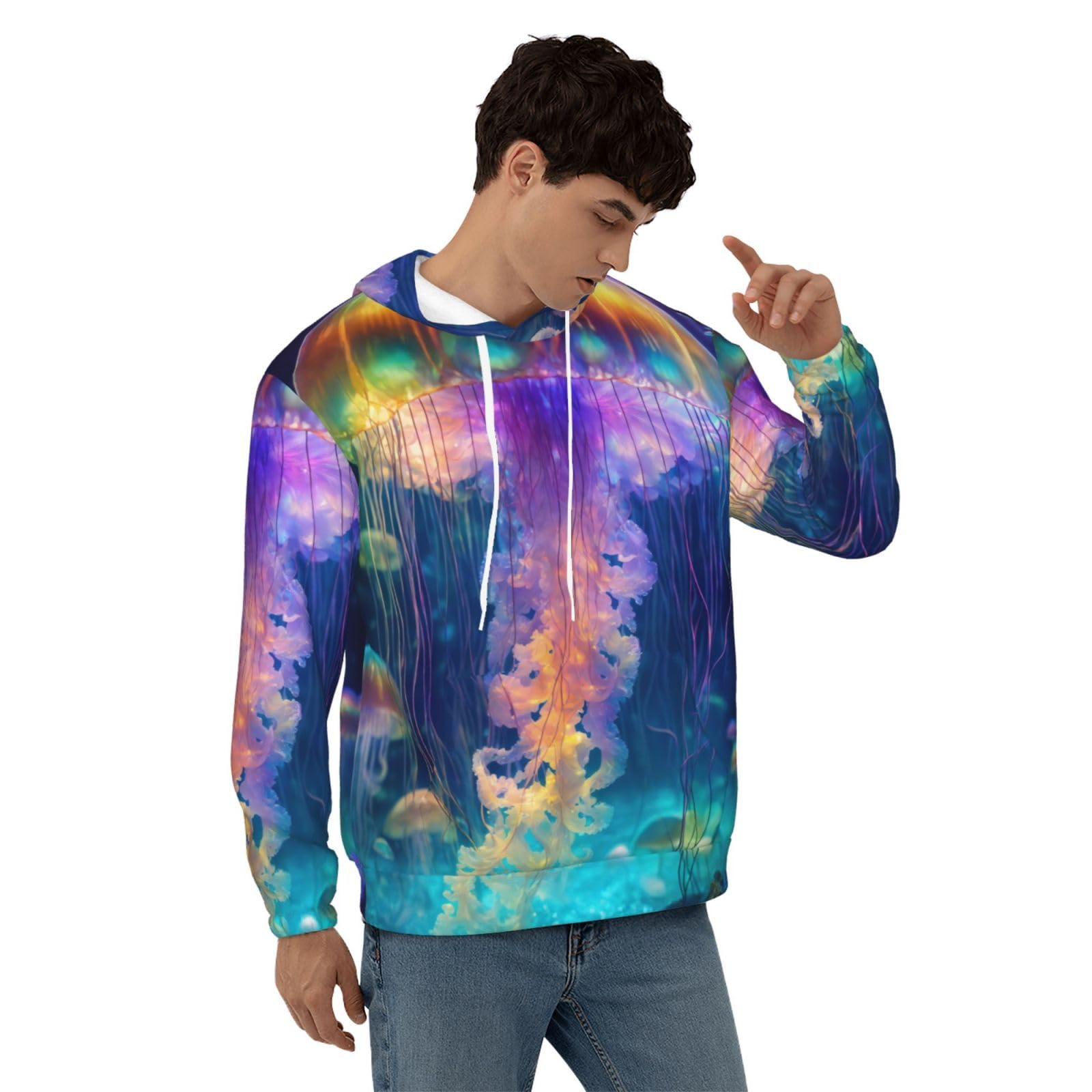 Męska bluza z kapturem z nadrukiem oceanu meduzy, casualowa grafika z nadrukiem bluzy z kapturem z kieszenią