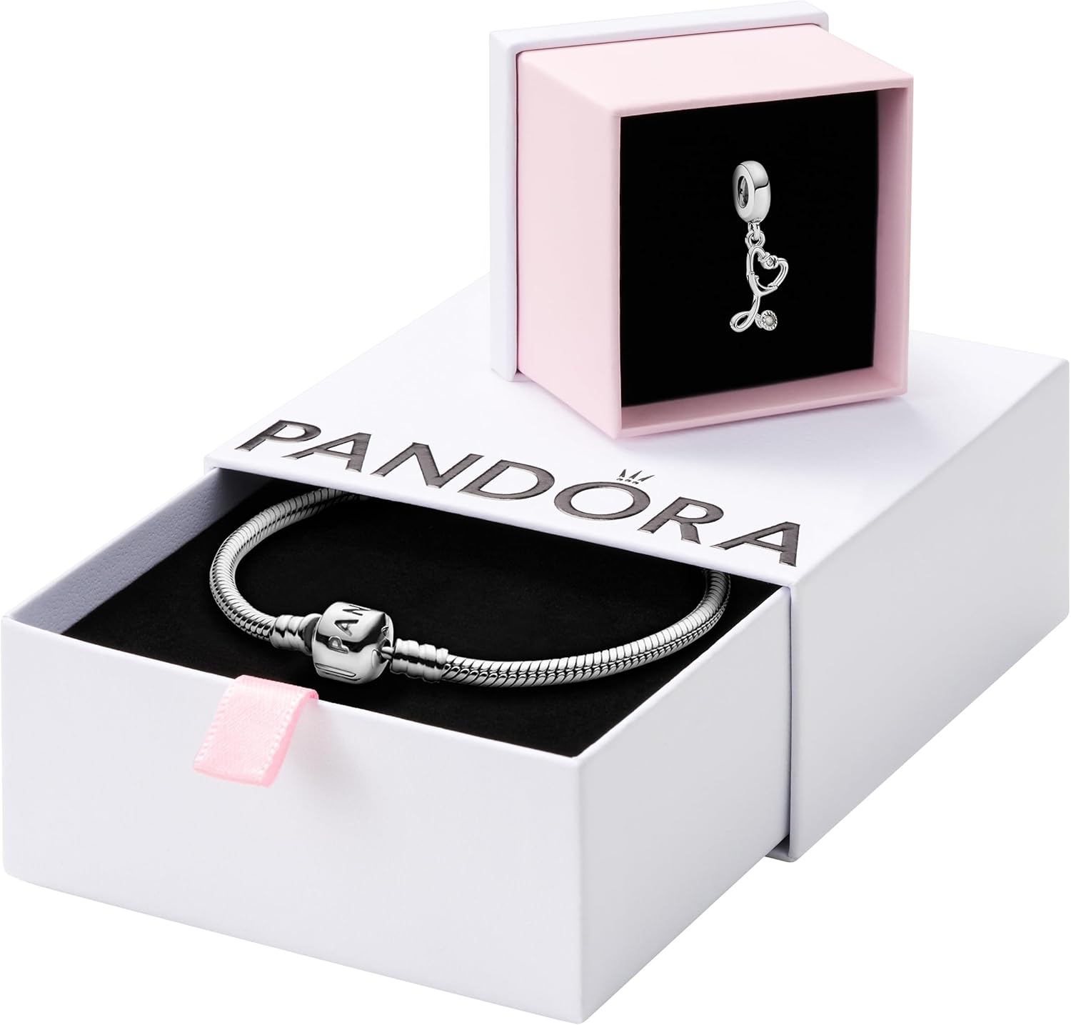 PANDORA Jewelry Bundle with Gift Box - Sterling Silver Stethoscope Dangle Charm with Cubic Zirconia & Moments Sterling Silver Snake Chain Charm Bracelet with Barrel Clasp, 7.1" - Gift for Women
